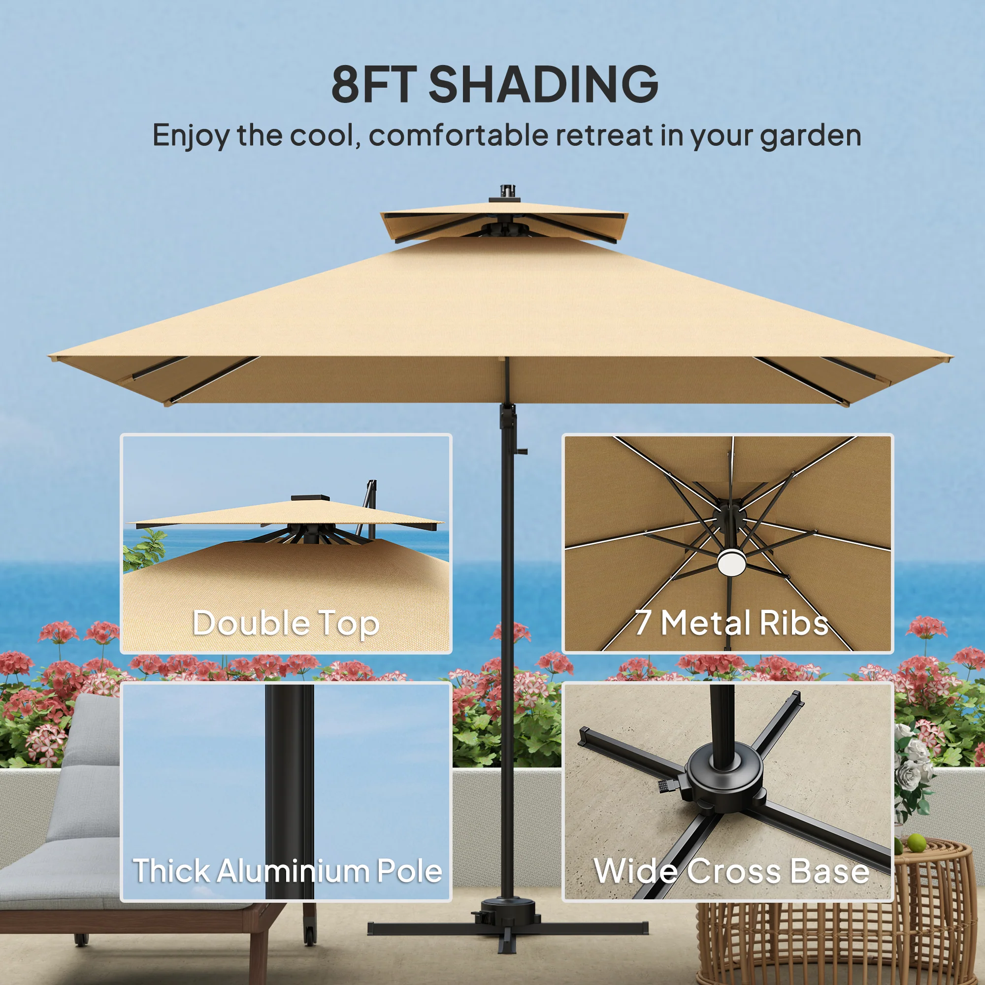 Outsunny 2.5m Cantilever Parasol, Garden Parasol With Lights - Image 16