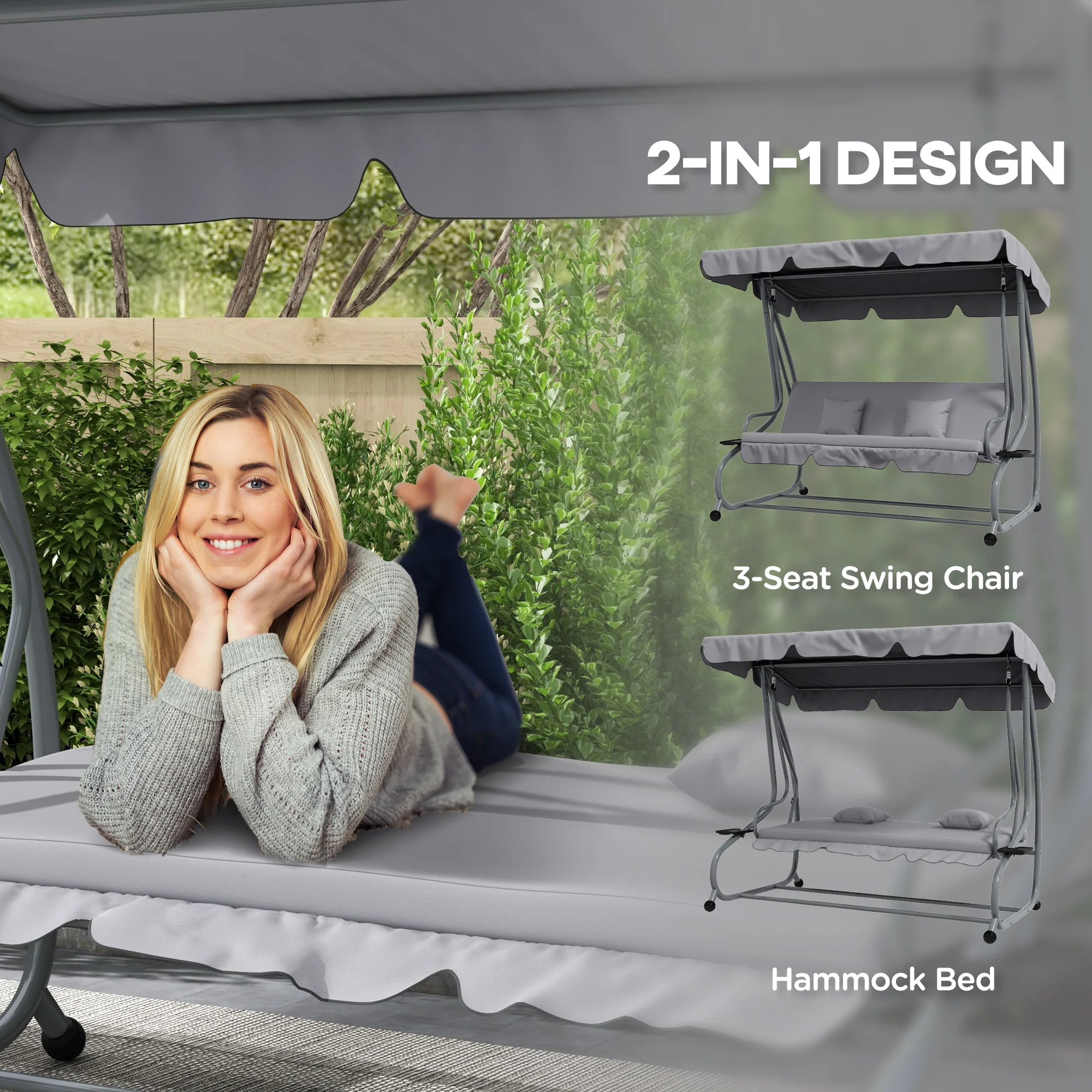 Outsunny 2-in-1 Garden Swing Chair For 3 Person W/ Adjustable Canopy, Grey - Image 3