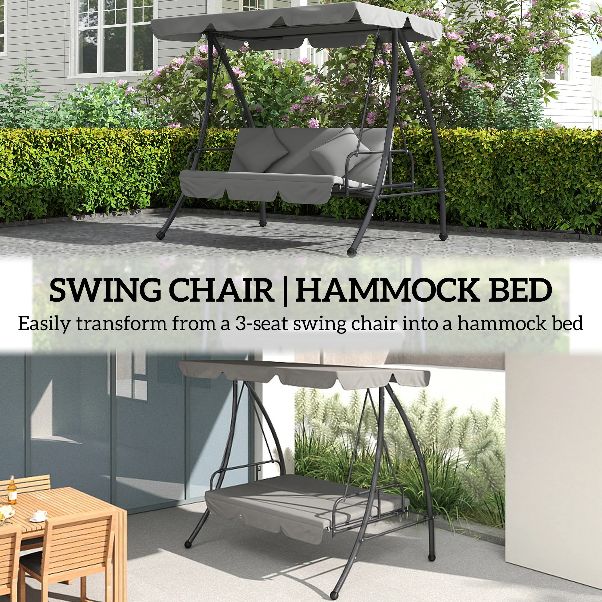 Outsunny 2-in-1 Swing Chair 3 Seater Hammock Cushion Bed Tilt Canopy - Image 6