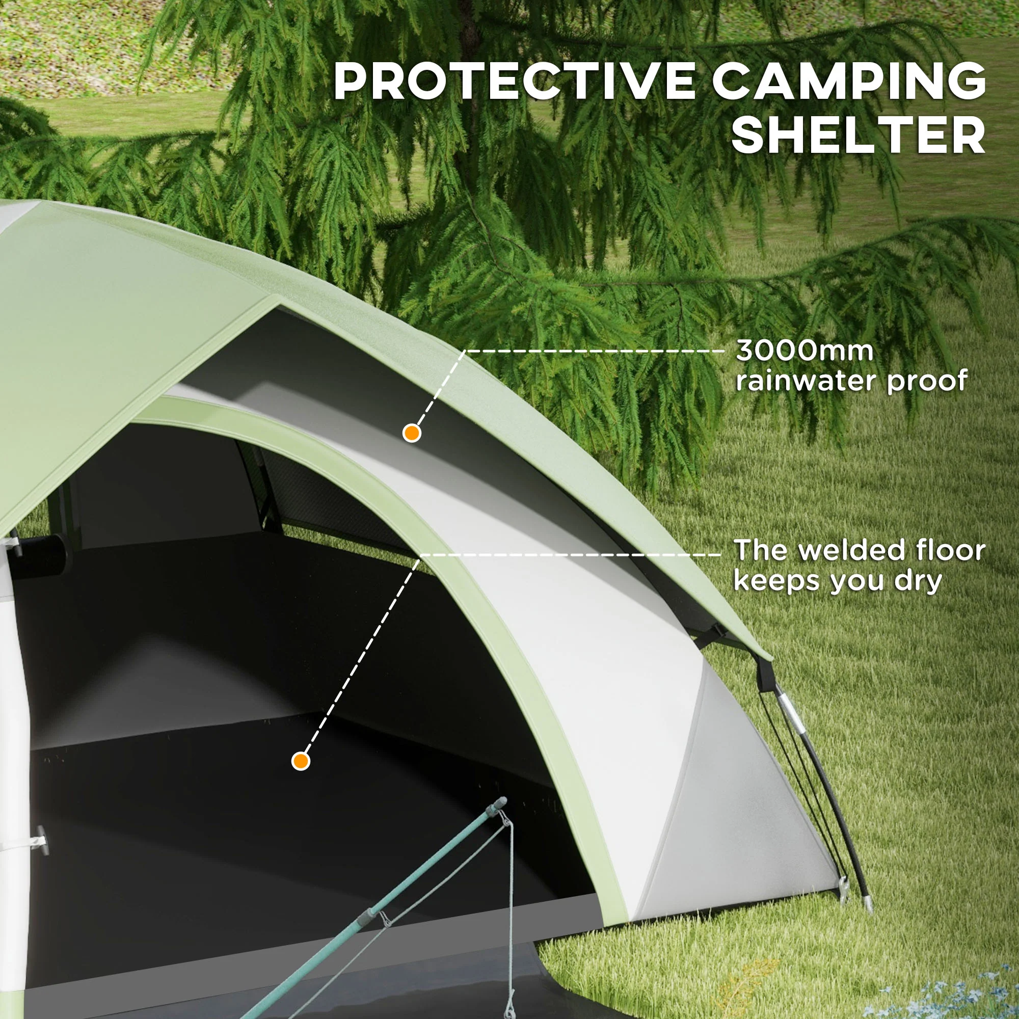 Outsunny 2 Man Camping Tent w/ Sewn-in Groundsheet, 3000mm Waterproof, Green - Image 3