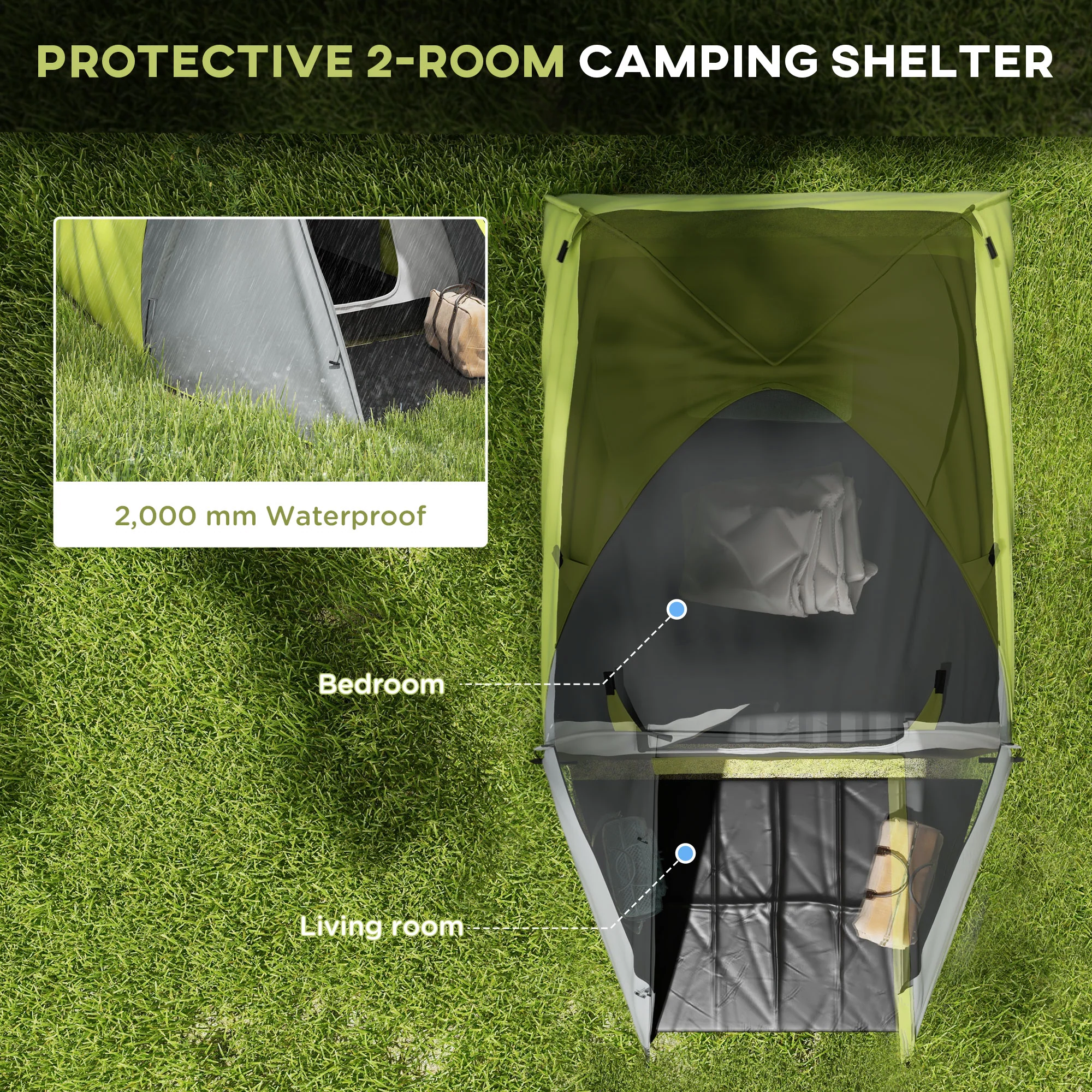 Outsunny 2 Man Camping Tent with Living Area, 2000mm Waterproof, Yellow - Image 3