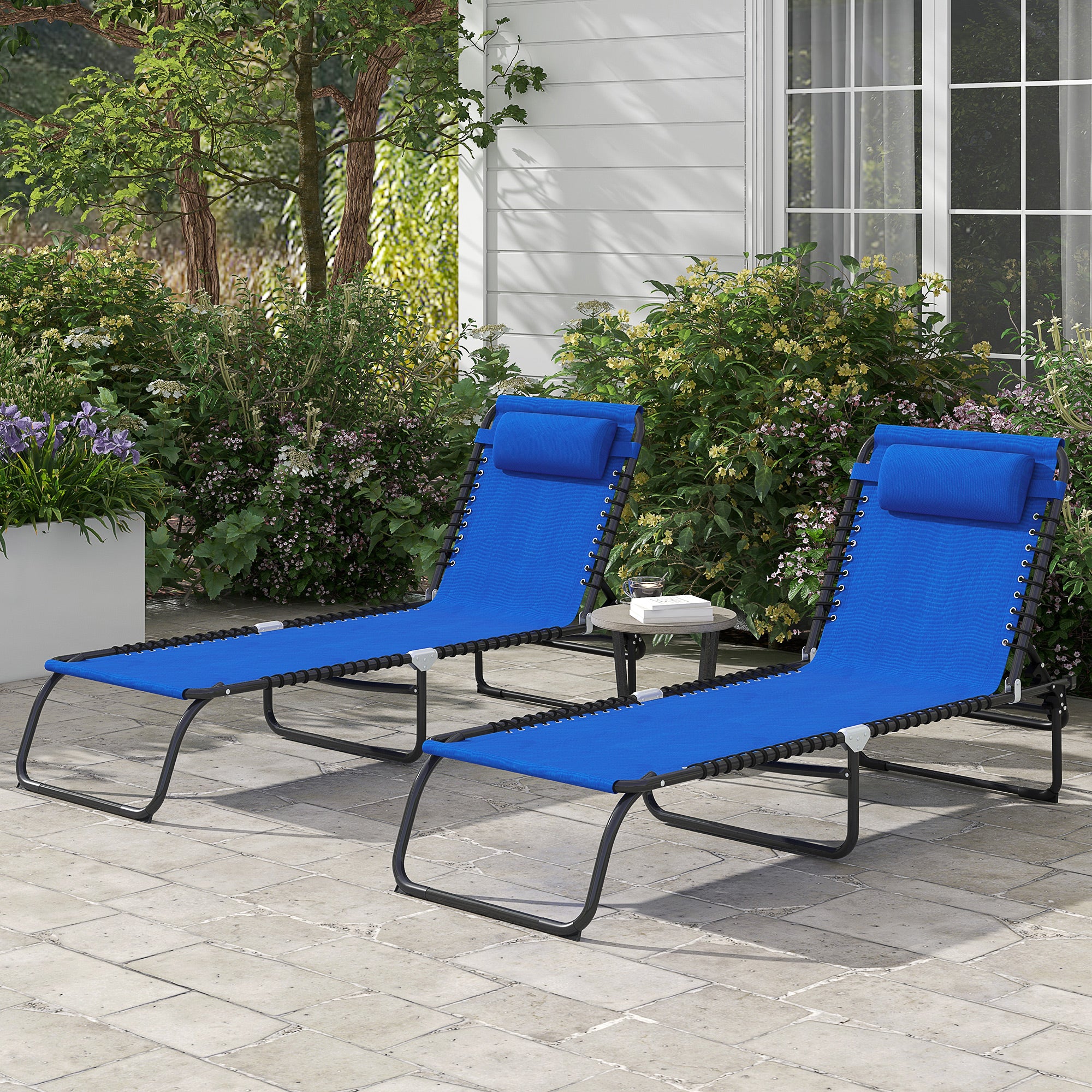 Outsunny 2 Pcs Folding Beach Chair Chaise Lounge 4 Adjustable Positions, Blue - Image 2