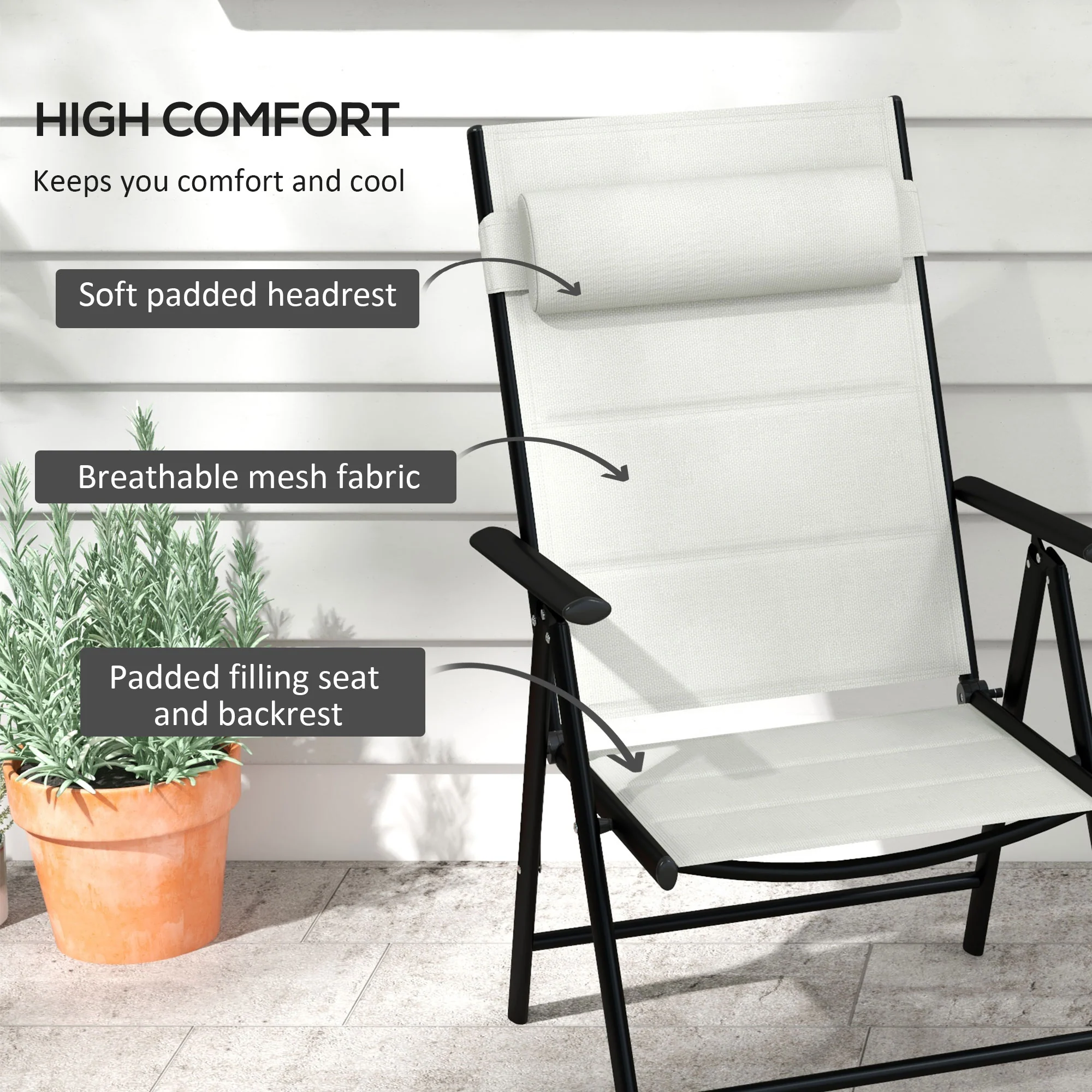 Outsunny 2 PCS Outdoor Folding Chairs, Dining Chairs w/ Padded Filling, Grey - Image 3