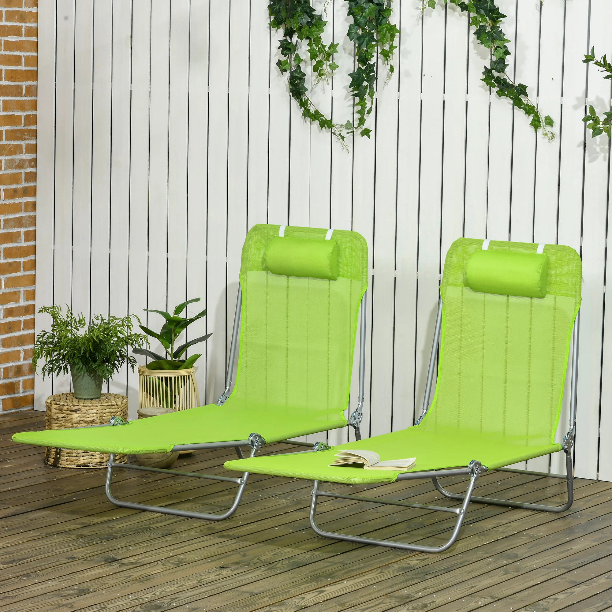 Outsunny 2 Piece Folding Sun Loungers with Adjustable Backrest, Pillow, Green - Image 2
