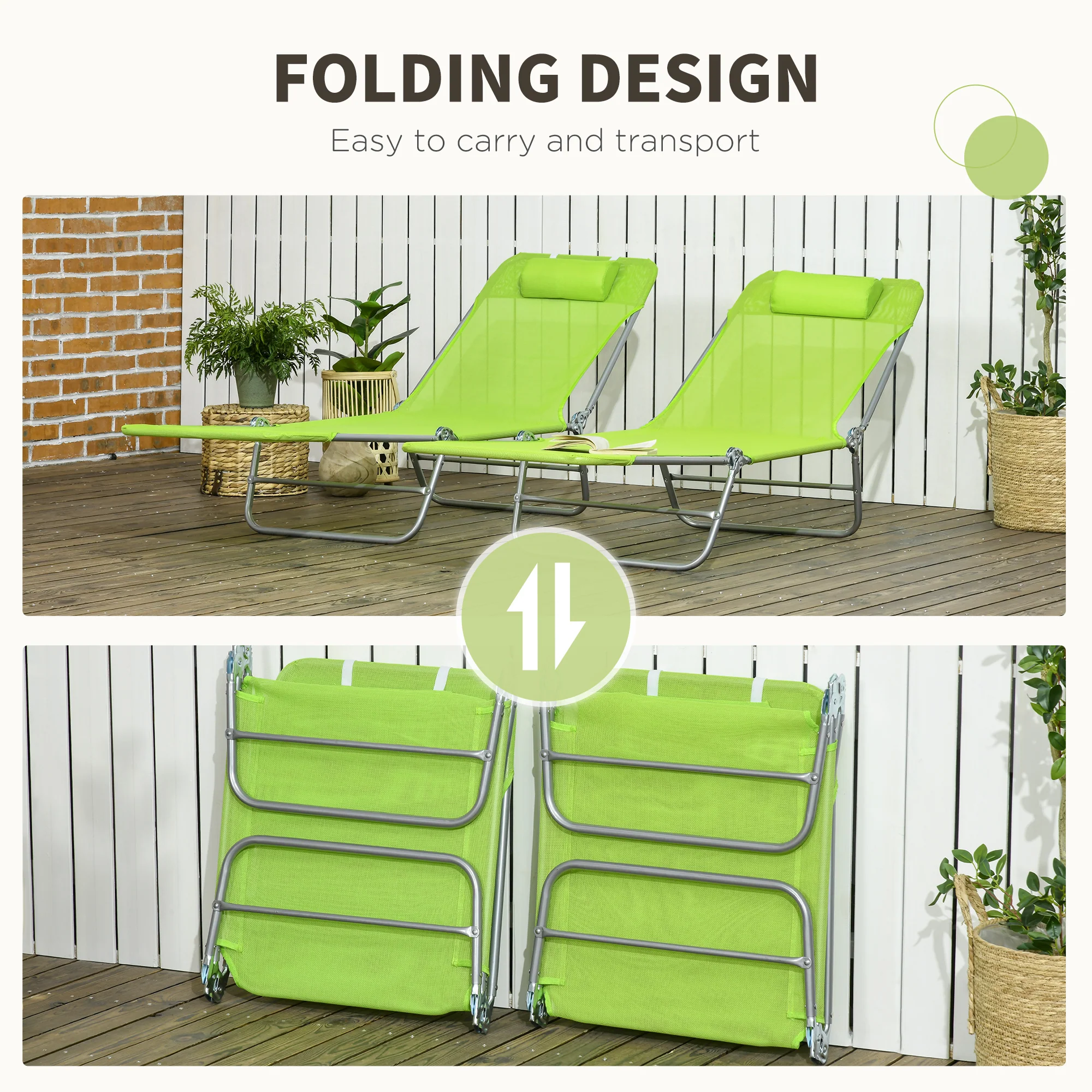 Outsunny 2 Piece Folding Sun Loungers with Adjustable Backrest, Pillow, Green - Image 4