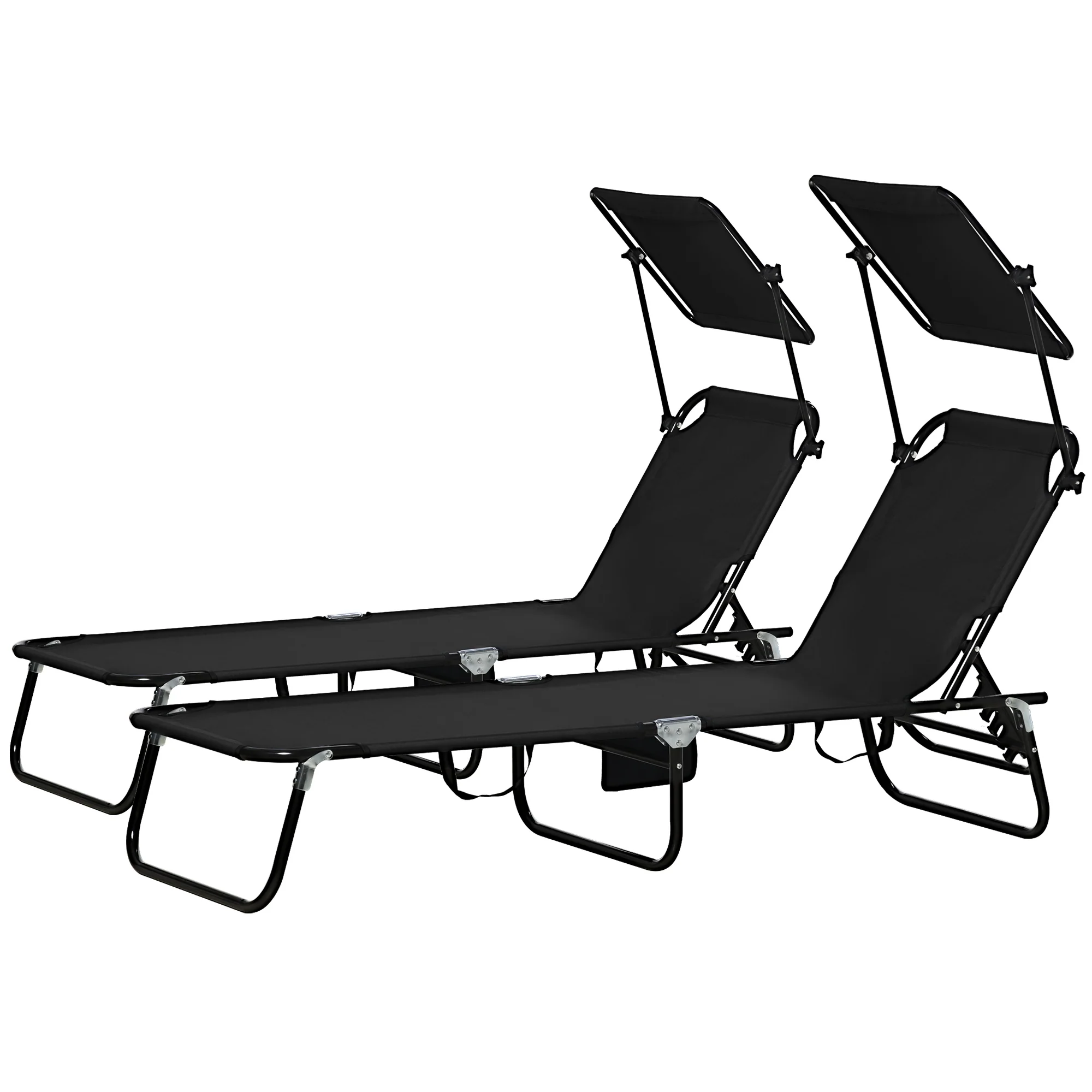 Outsunny 2 Piece Folding Sun Loungers with Adjustable Backrest, Sunshade, Black