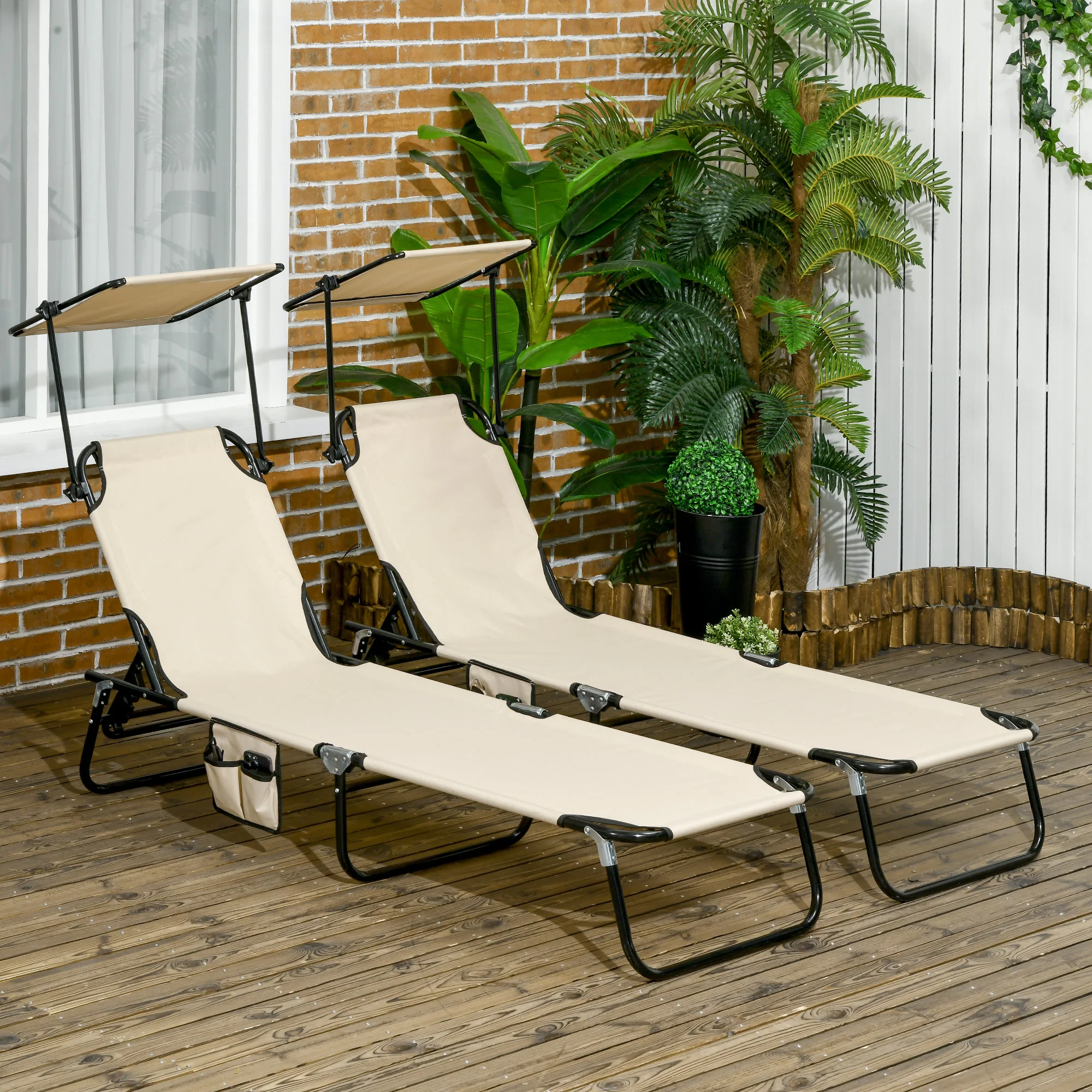 Outsunny 2 Piece Folding Sun Loungers with Adjustable Backrest, Tan Brown - Image 29