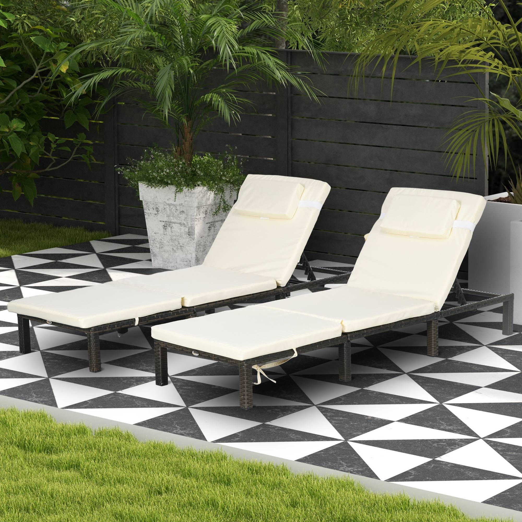 Outsunny 2 Pieces Rattan Sun Loungers w/ Padded Cushion for Poolside Cream White - Image 2