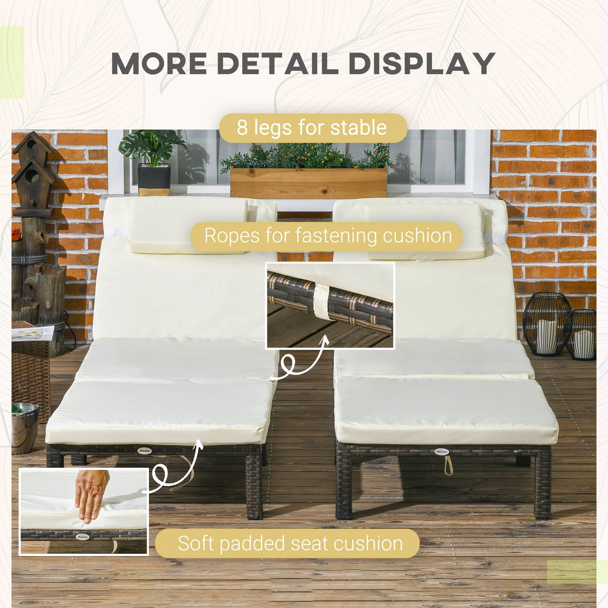 Outsunny 2 Pieces Rattan Sun Loungers w/ Padded Cushion for Poolside Cream White - Image 6