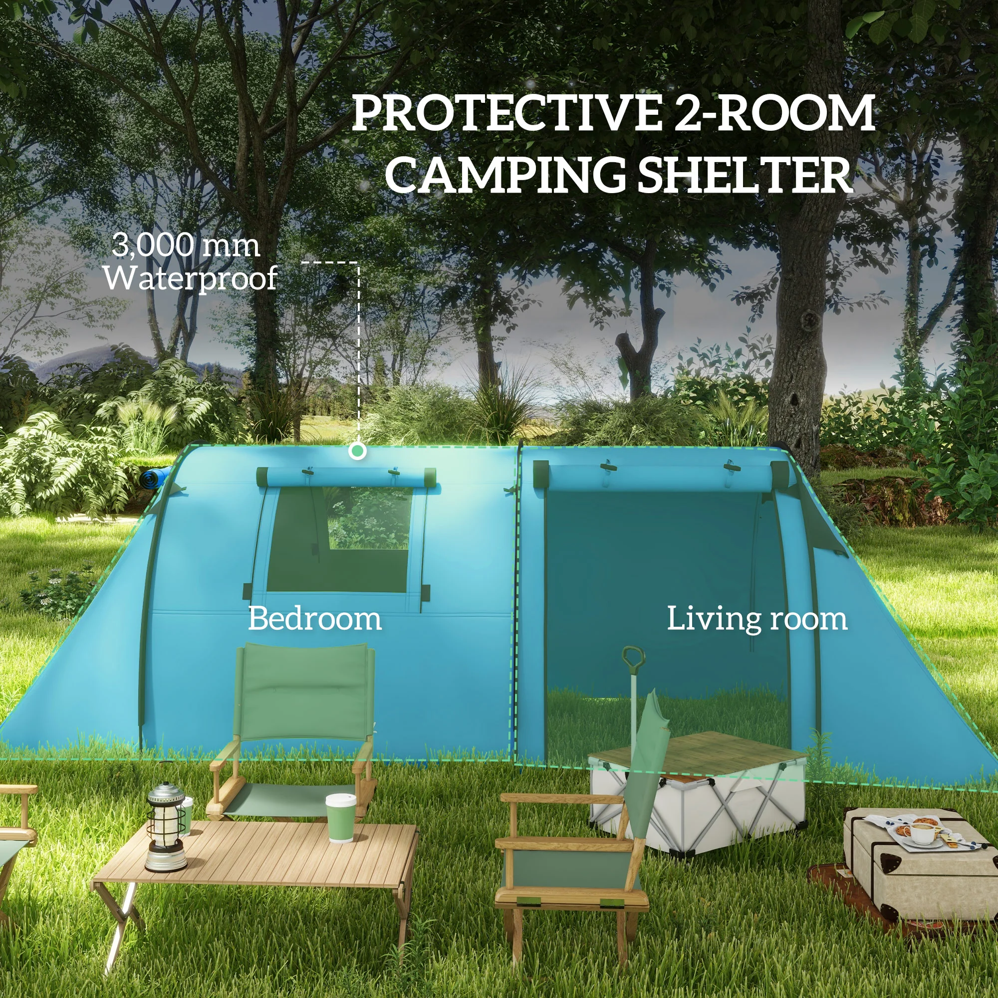 Outsunny 2 Room Camping Family Tent for 3-4 Man, 3000mm Waterproof, Sky Blue - Image 3