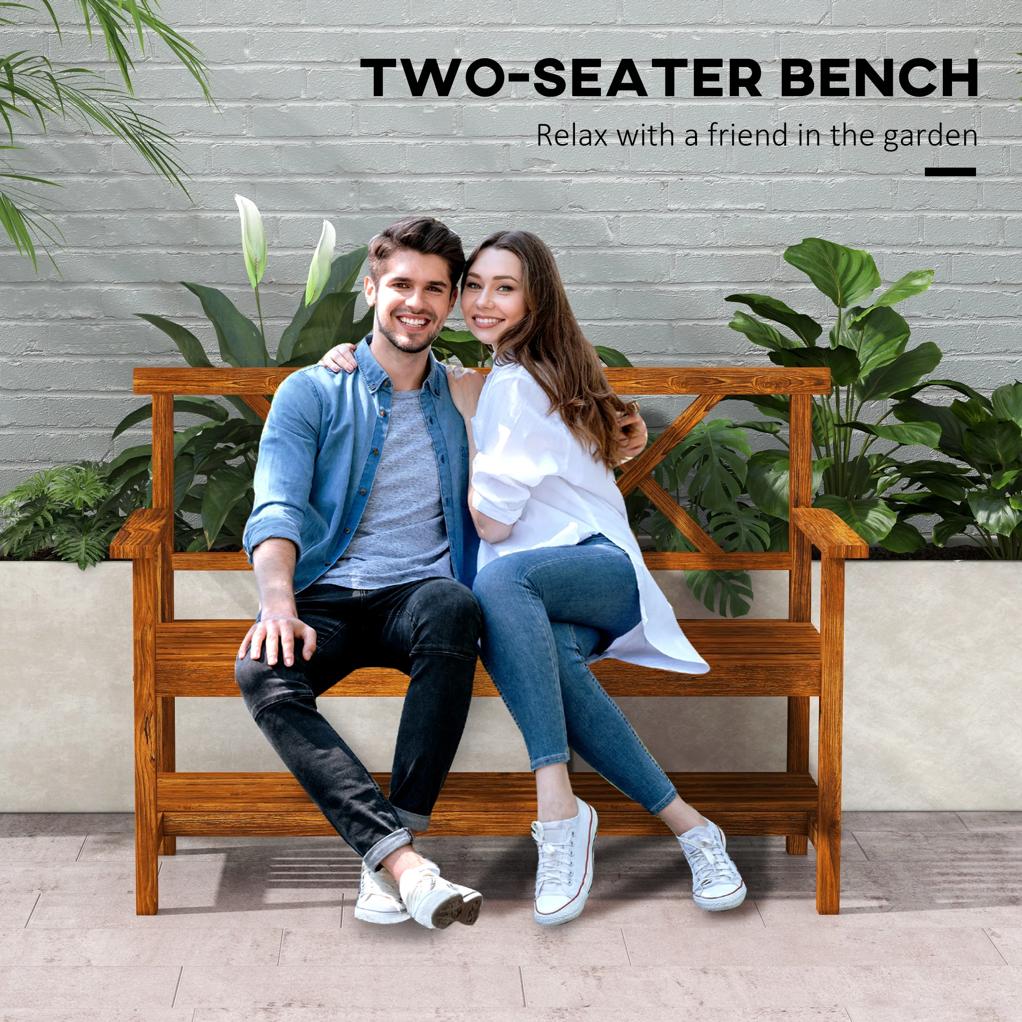 Outsunny 2-Seater Garden Bench Wooden Outdoor Bench w/ Storage Shelf Carbonized - Image 3