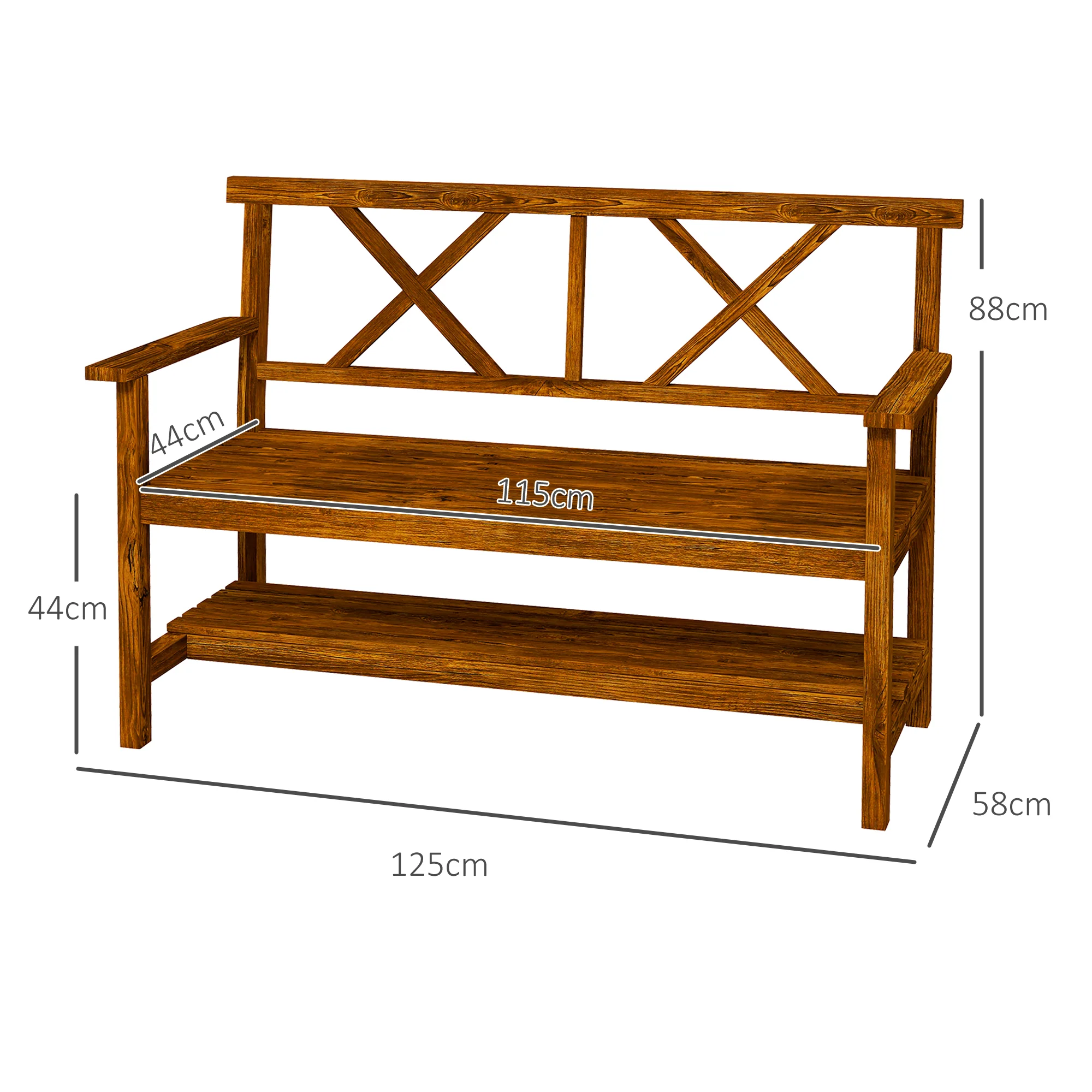 Outsunny 2-Seater Garden Bench Wooden Outdoor Bench w/ Storage Shelf Carbonized - Image 5
