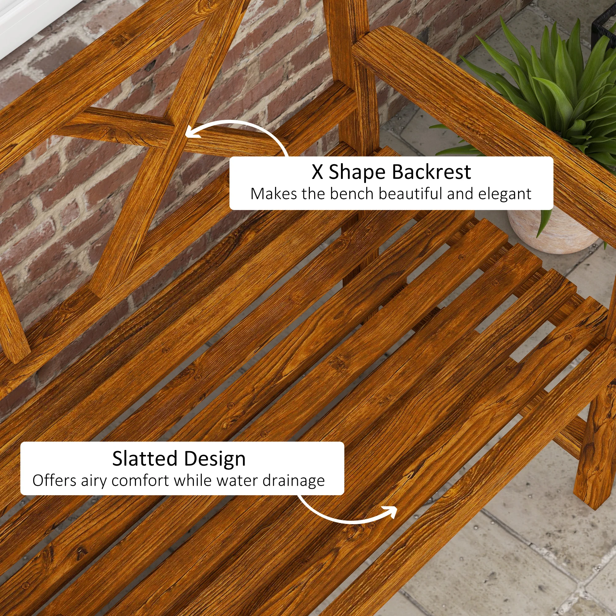 Outsunny 2-Seater Garden Bench Wooden Outdoor Bench w/ Storage Shelf Carbonized - Image 6