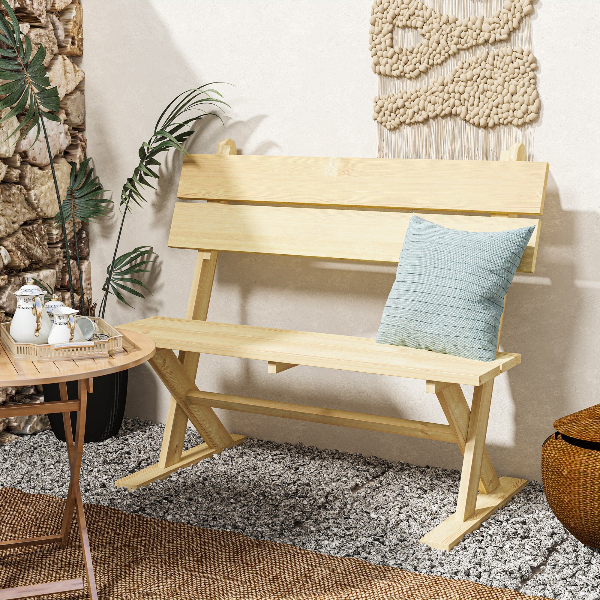 Outsunny 2 Seater Wooden Garden Bench Outdoor Loveseat with Back, Natural - Image 8