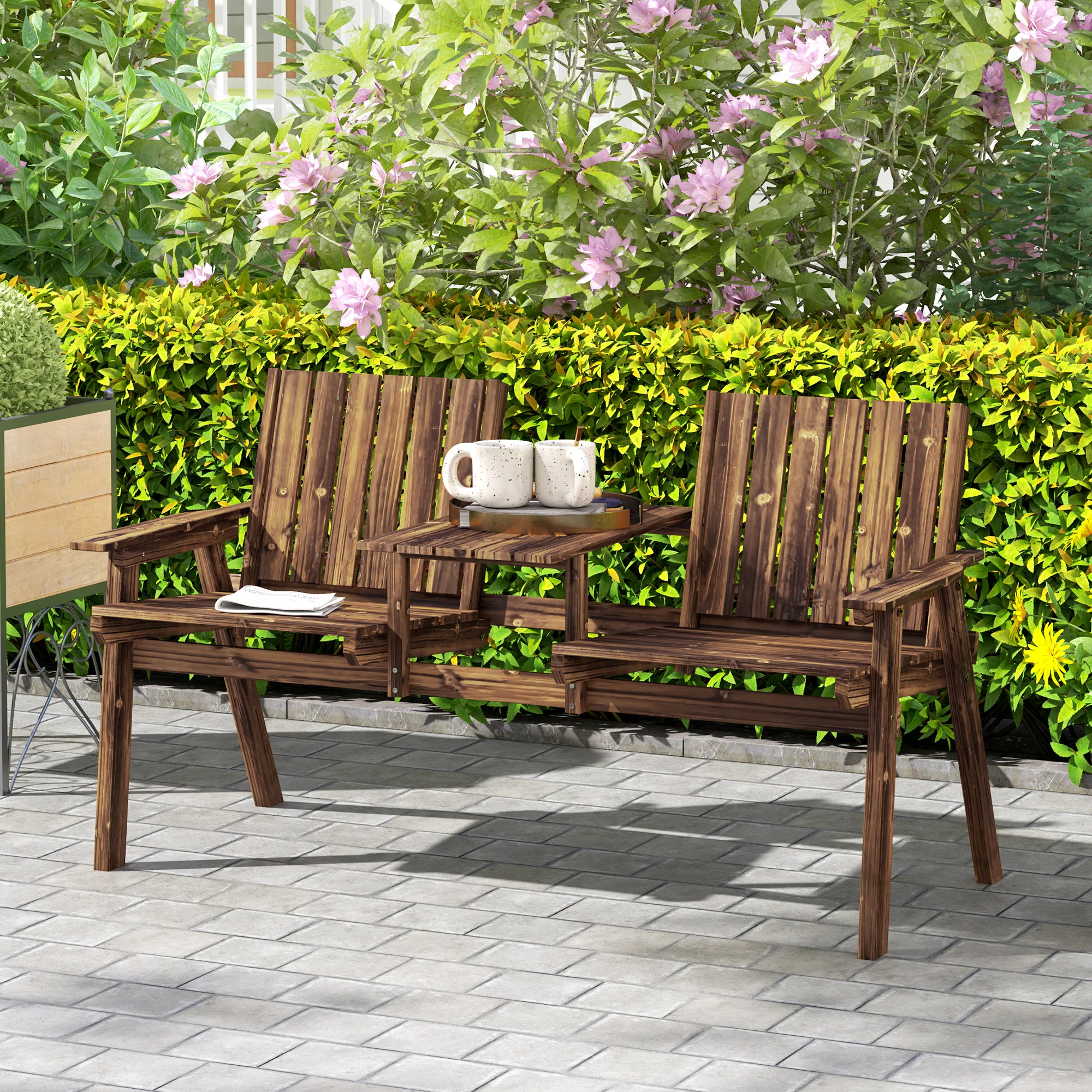 Outsunny 2-Seater Wooden Garden Bench with Armrest, Carbonised Finish - Image 2