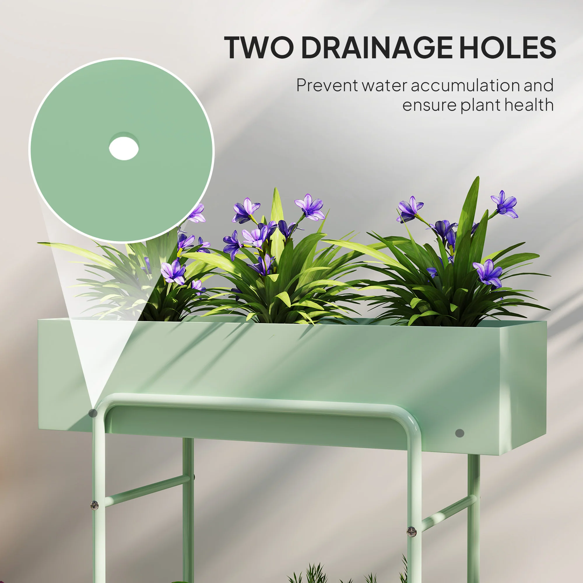 Outsunny 2 Tier Plant Stand, Metal Plant Rack with Drain Holes, Green - Image 4