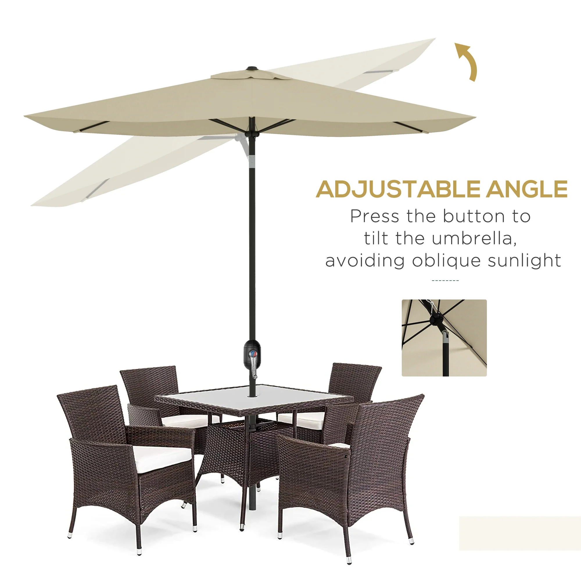 Outsunny 2 X 3(m) Garden Parasol Rectangular Market Umbrella W/ Crank - Brown/Beige/Black/Grey - Image 3