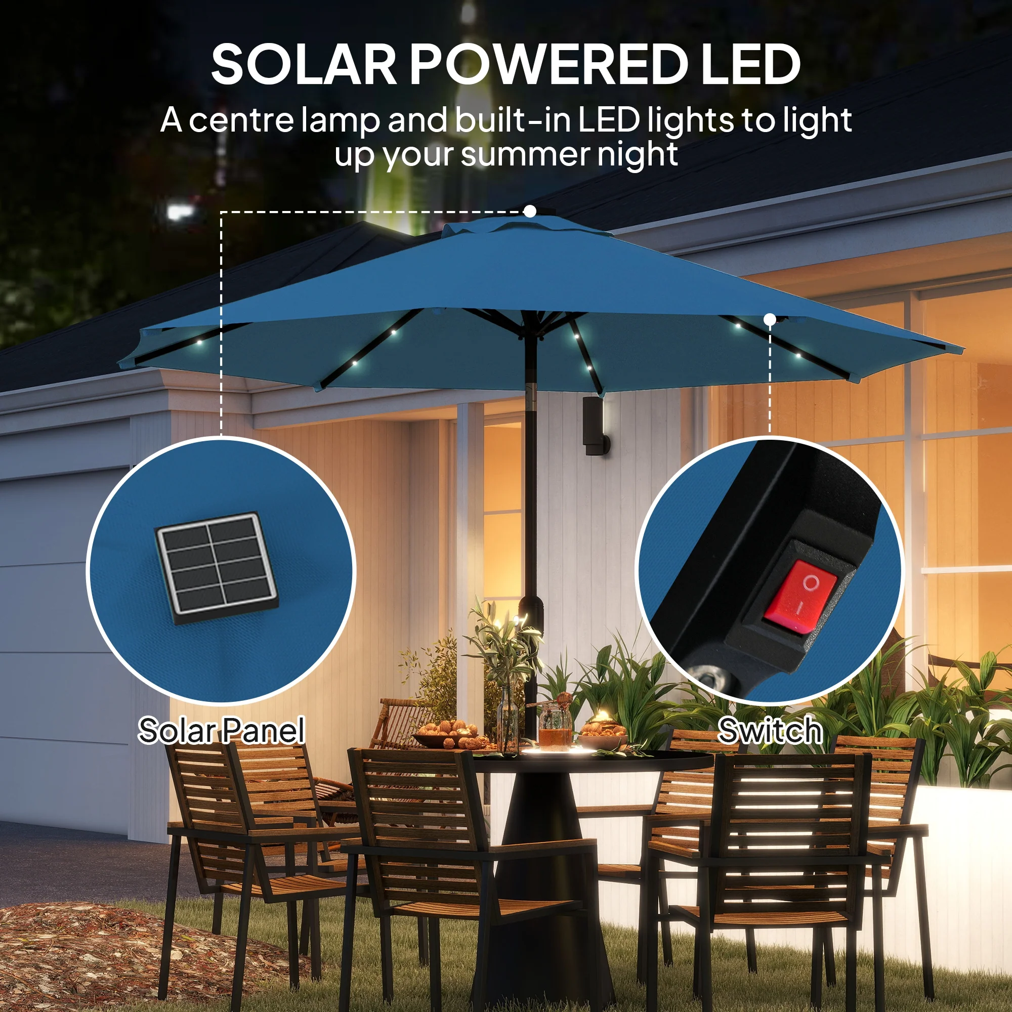 Outsunny 24 LED Solar Powered Parasol Umbrella Garden Tilt Outdoor String Light - Image 3