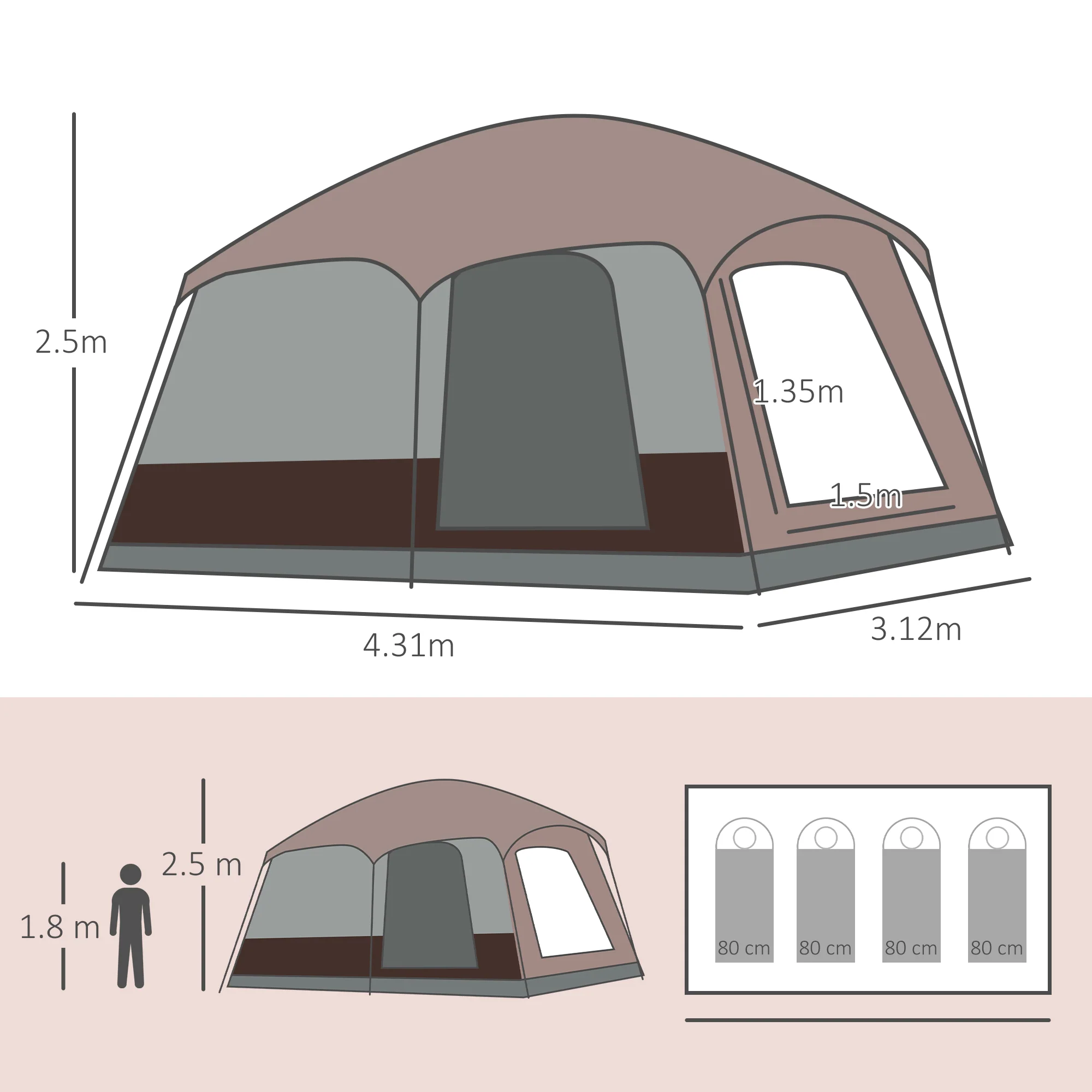 Outsunny 3-4 Man Two Room Camping Tent With Vestibule And Portable Carry Bag - Image 5