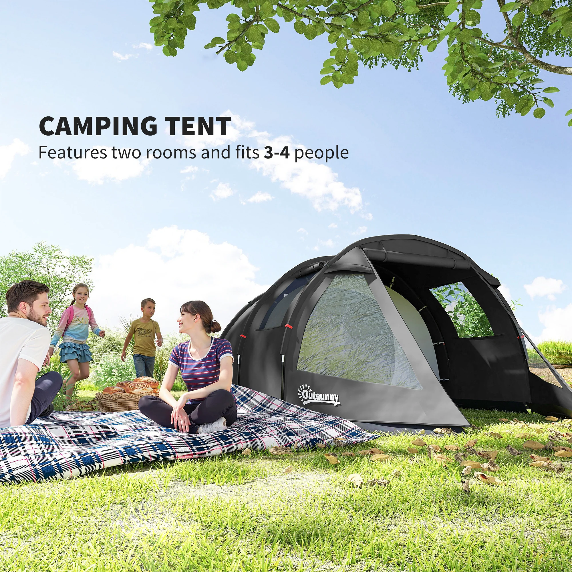 Outsunny 3-4 Persons Tunnel Tent, Two Room Camping Tent w/ Windows, Black - Image 2