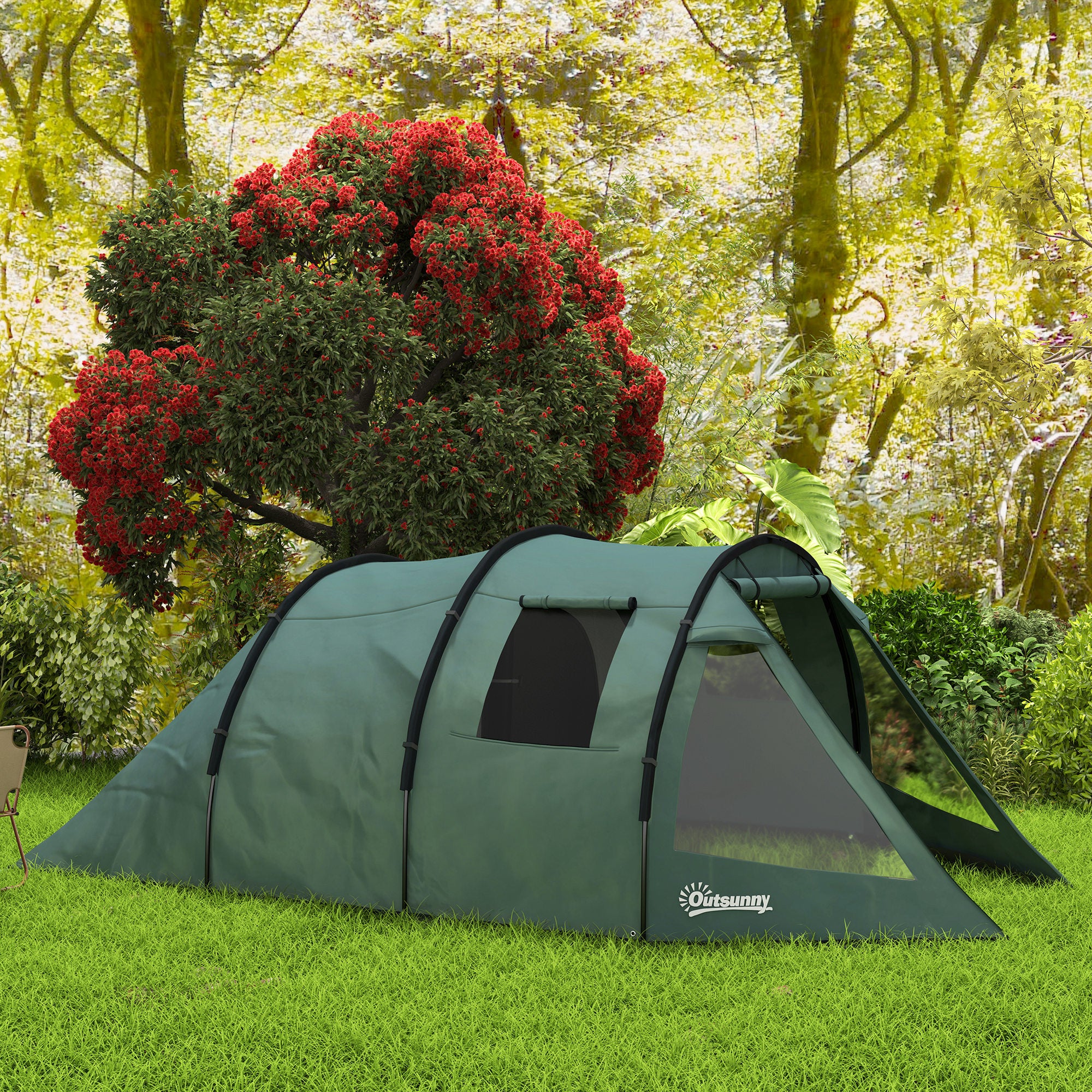 Outsunny 3-4 Persons Tunnel Tent, Two Room Camping Tent w/ Windows, Green - Image 2