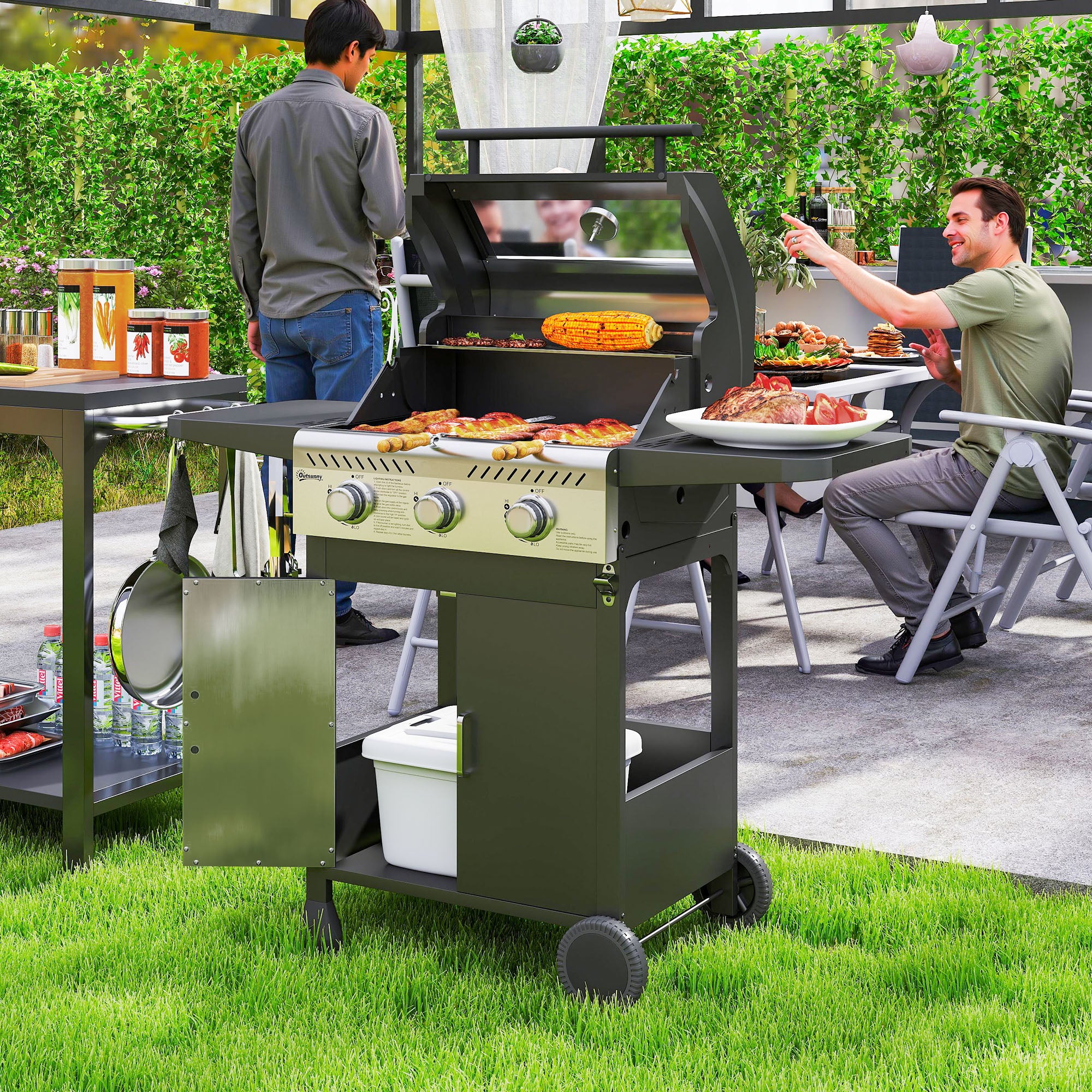 Outsunny 3 Burner Propane Gas BBQ Grill with See-through Lid and Thermometer - Image 2