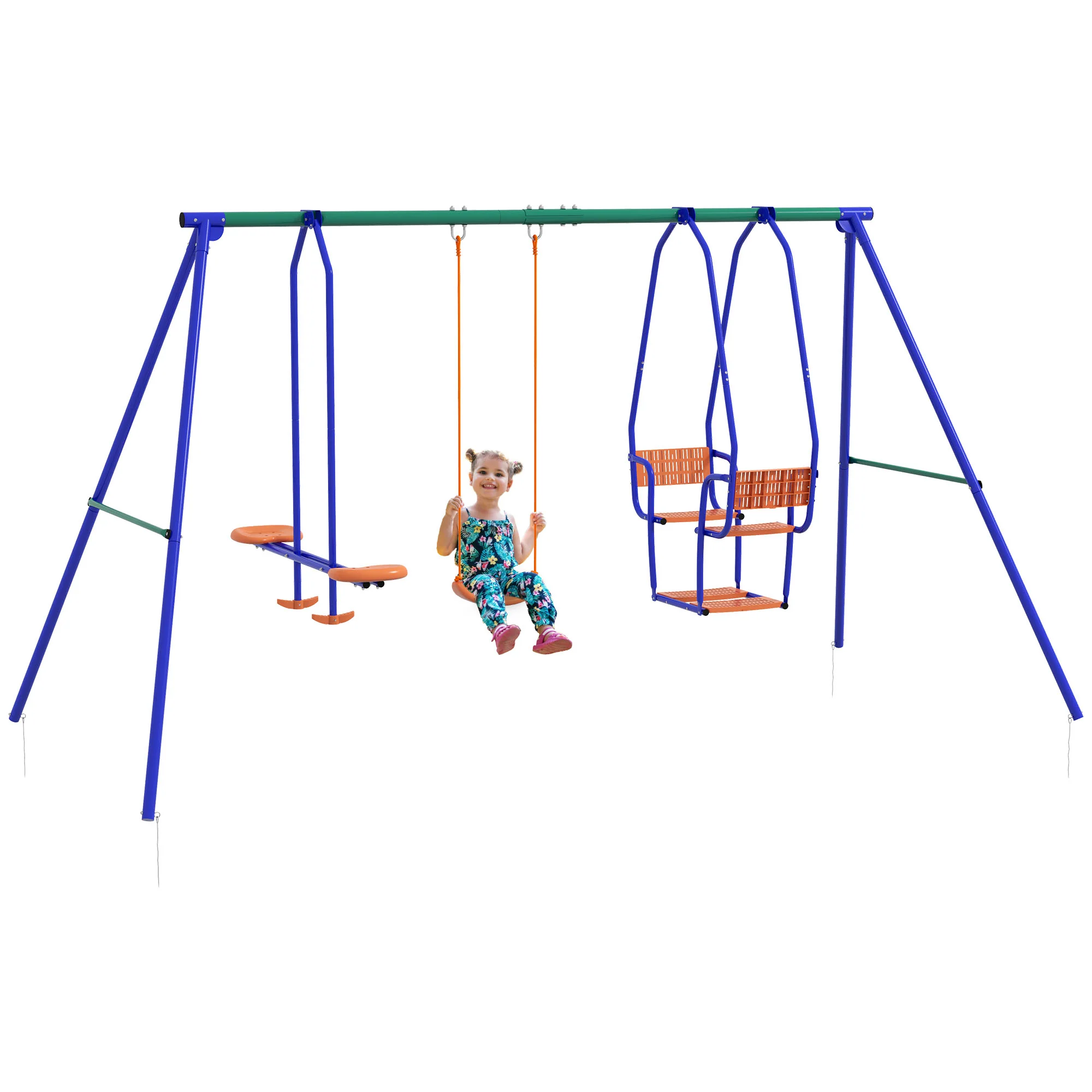 Outsunny 3 in 1 Metal Kids Swing Set with Swing, Glider, Rocking Chair, Orange