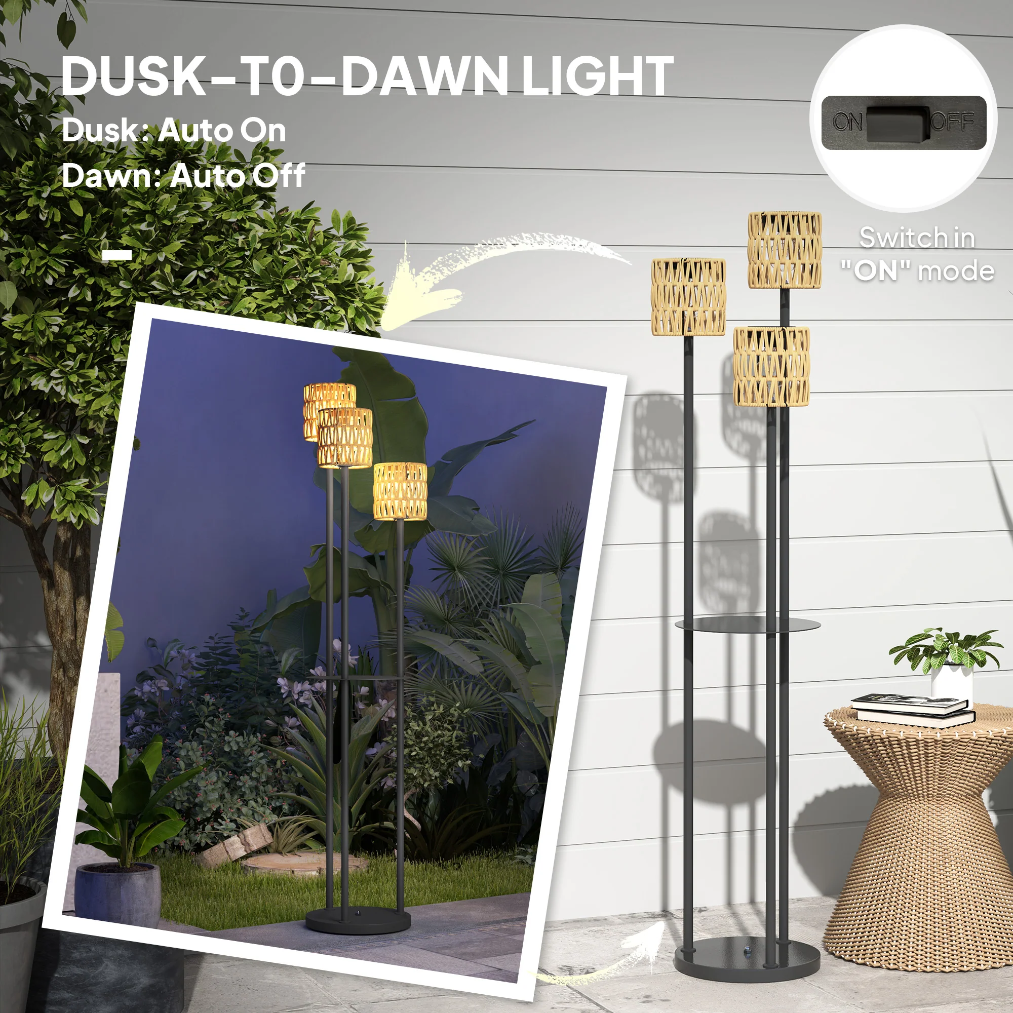 Outsunny 3-Light Solar Rattan Floor Lamp with Shelf, Auto On/Off, Yellow - Image 6