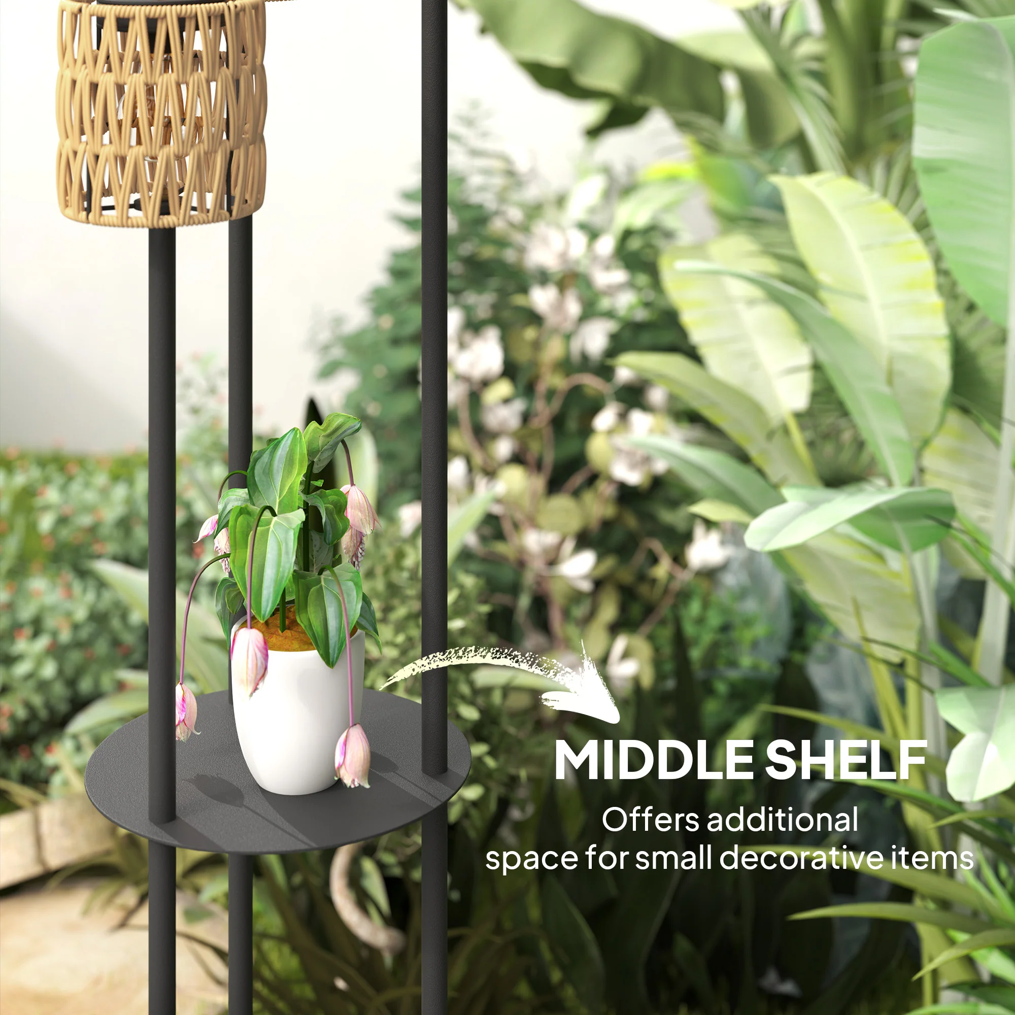 Outsunny 3-Light Solar Rattan Floor Lamp with Shelf, Auto On/Off, Yellow - Image 7