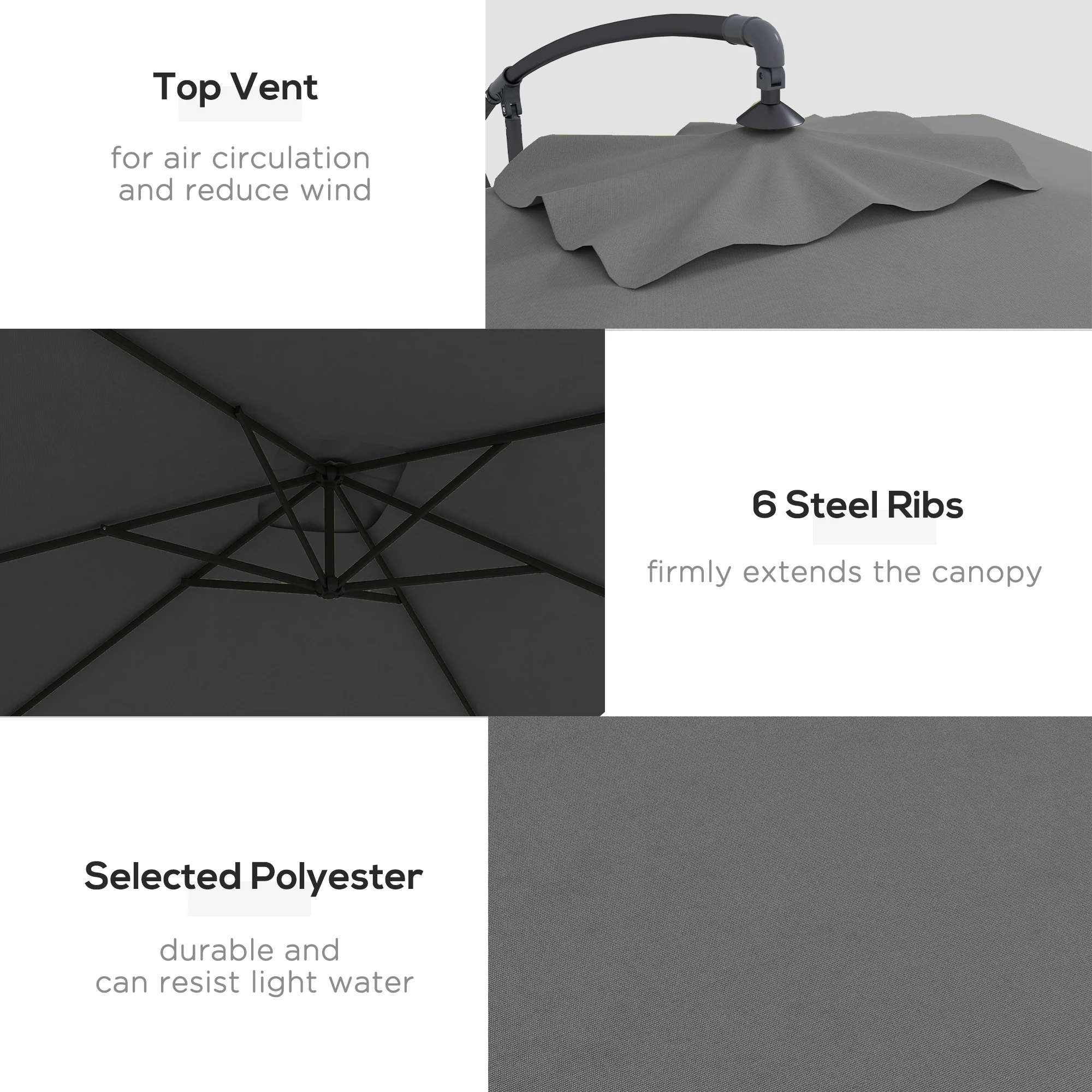 Outsunny 3 m Cantilever Parasol with Cross Base, Crank Handle, 6 Ribs - Image 4