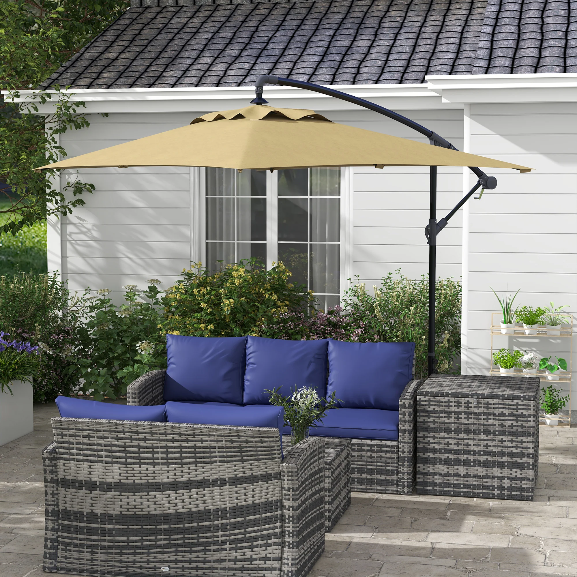 Outsunny 3 m Cantilever Parasol with Cross Base, Crank Handle, 6 Ribs, Brown - Image 2
