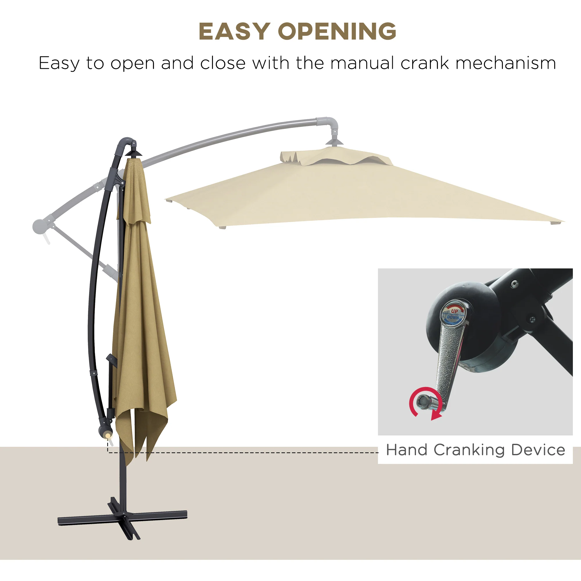 Outsunny 3 m Cantilever Parasol with Cross Base, Crank Handle, 6 Ribs, Brown - Image 3