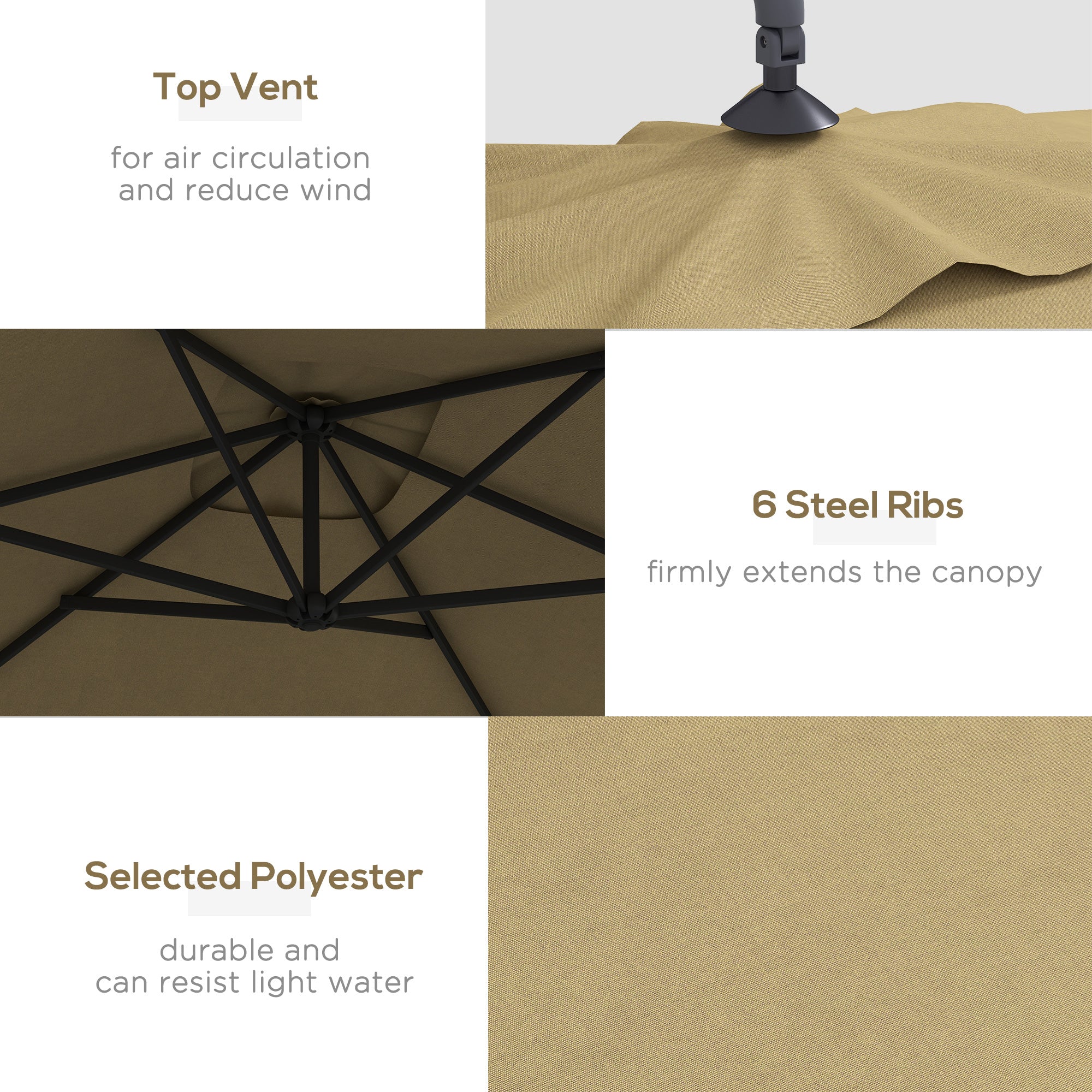 Outsunny 3 m Cantilever Parasol with Cross Base, Crank Handle, 6 Ribs, Brown - Image 4