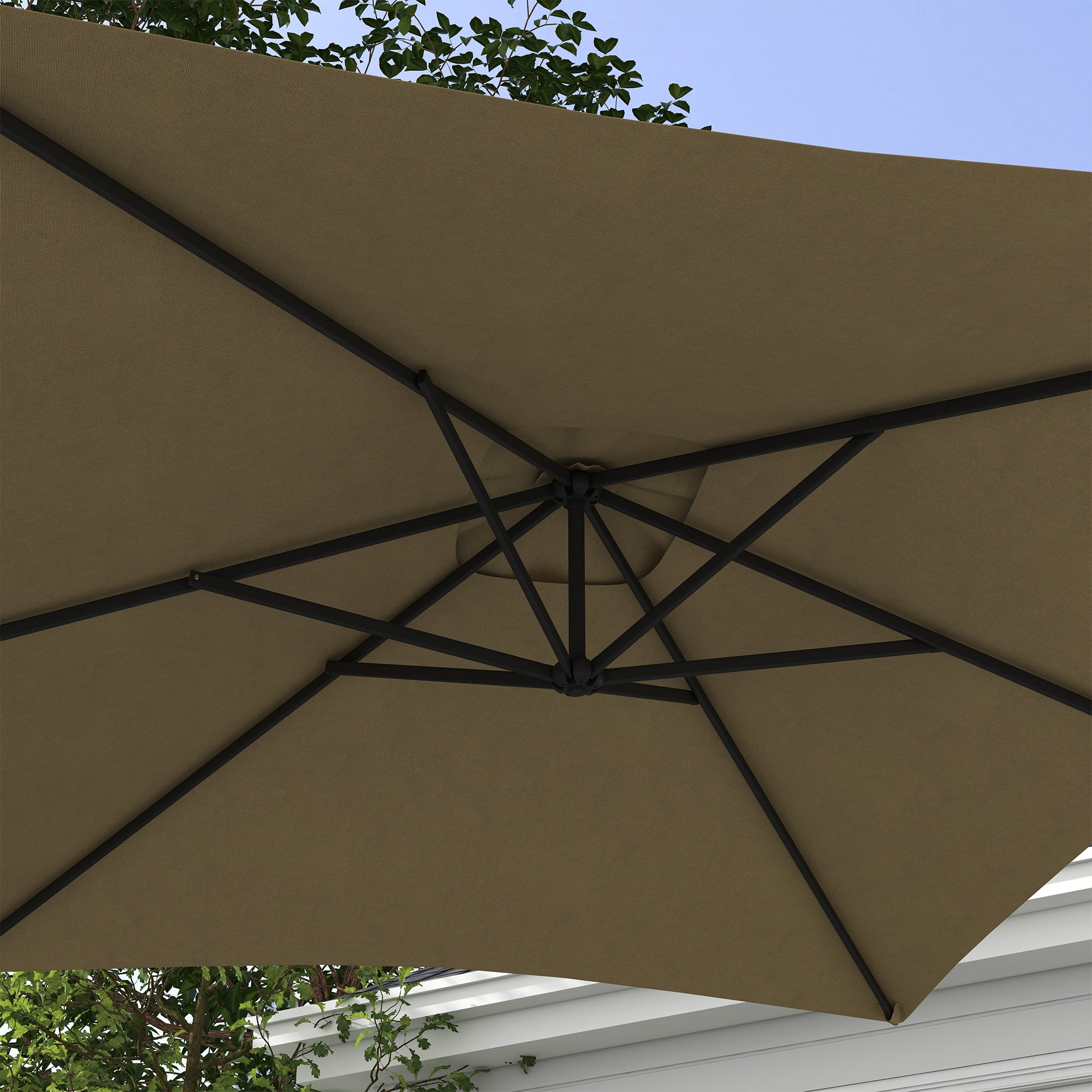 Outsunny 3 m Cantilever Parasol with Cross Base, Crank Handle, 6 Ribs, Brown - Image 7