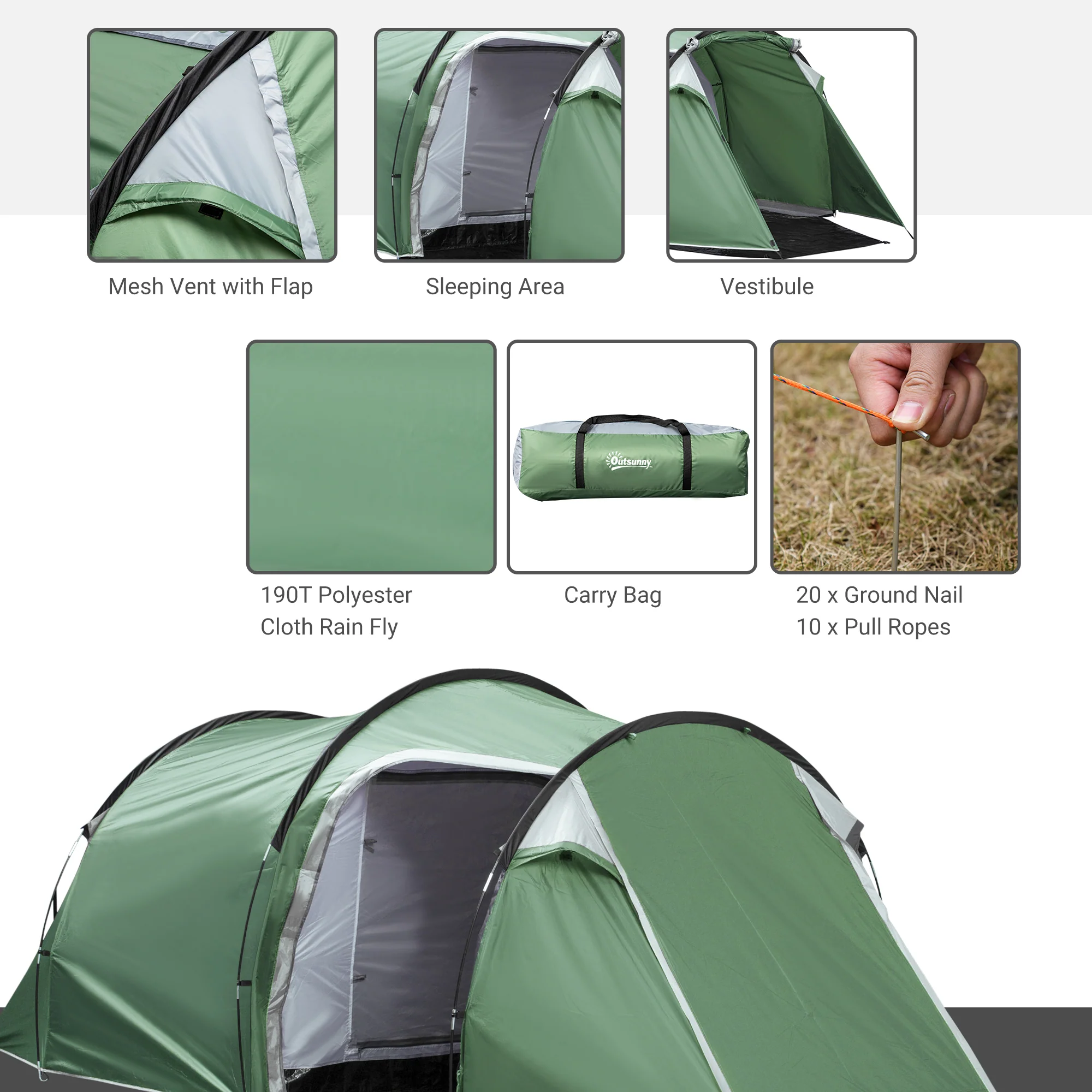 Outsunny 3 Man Camping Tent with Porch and Weather-Resistant Rainfly, Green - Image 7