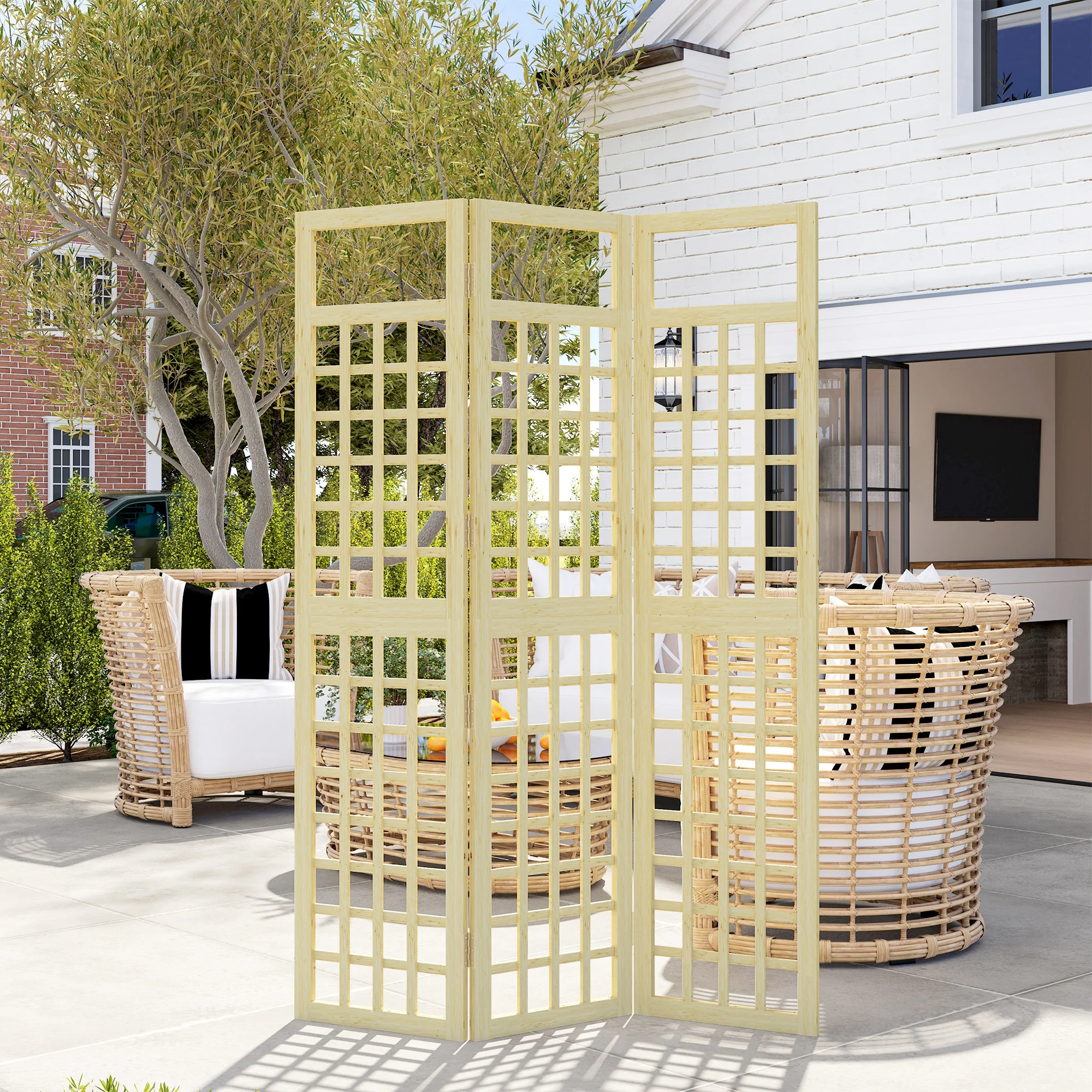Outsunny 3-Panel Wooden Garden Privacy Screen, Natural Wood Finish - Image 2