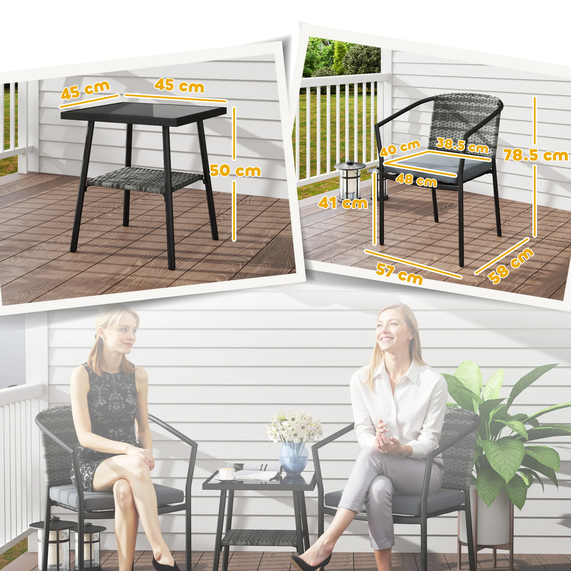 Outsunny 3 PCS Rattan Bistro Set with Cushions Glass Top Coffee Table and Chairs - Image 5
