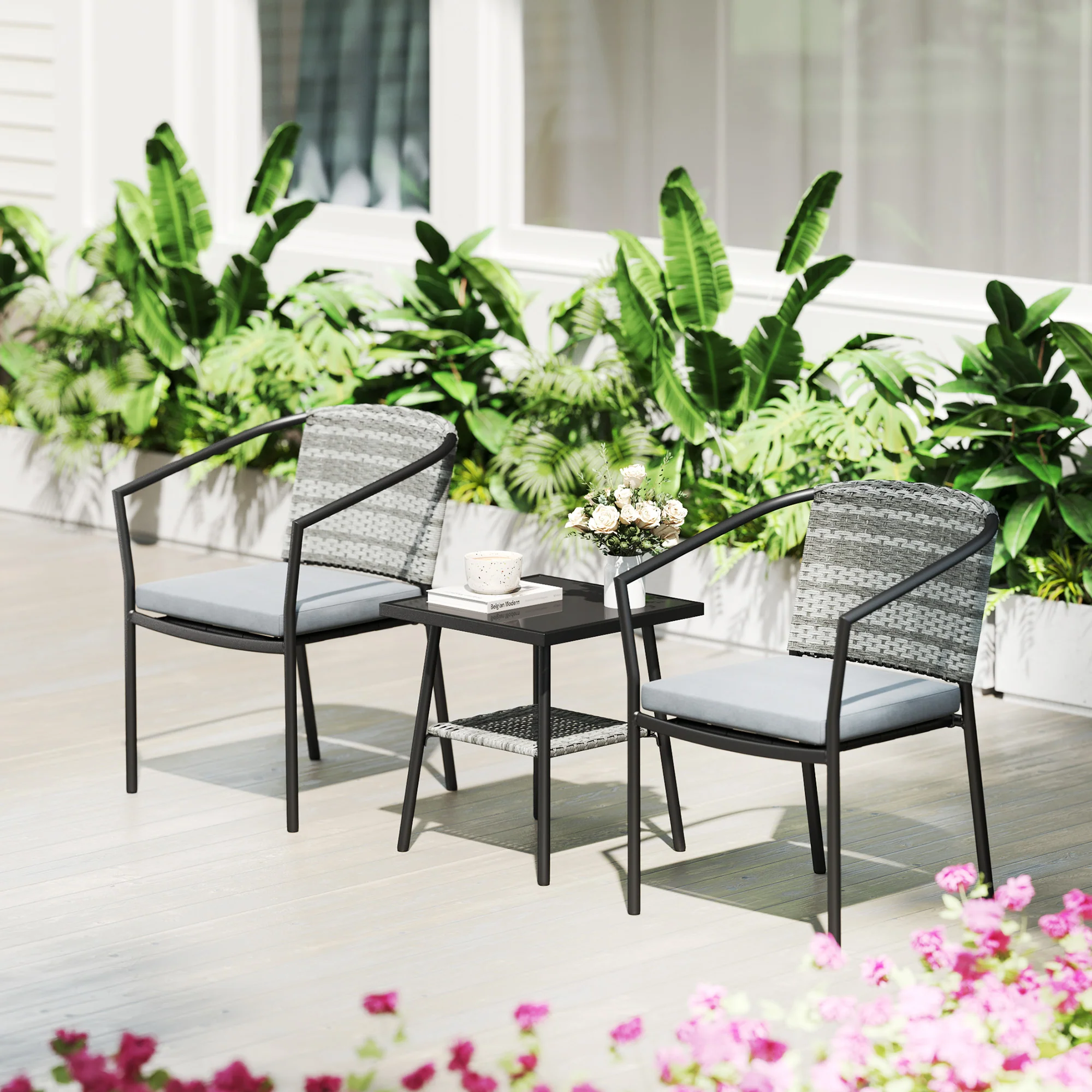 Outsunny 3 PCS Rattan Bistro Set with Cushions Glass Top Coffee Table and Chairs - Image 7
