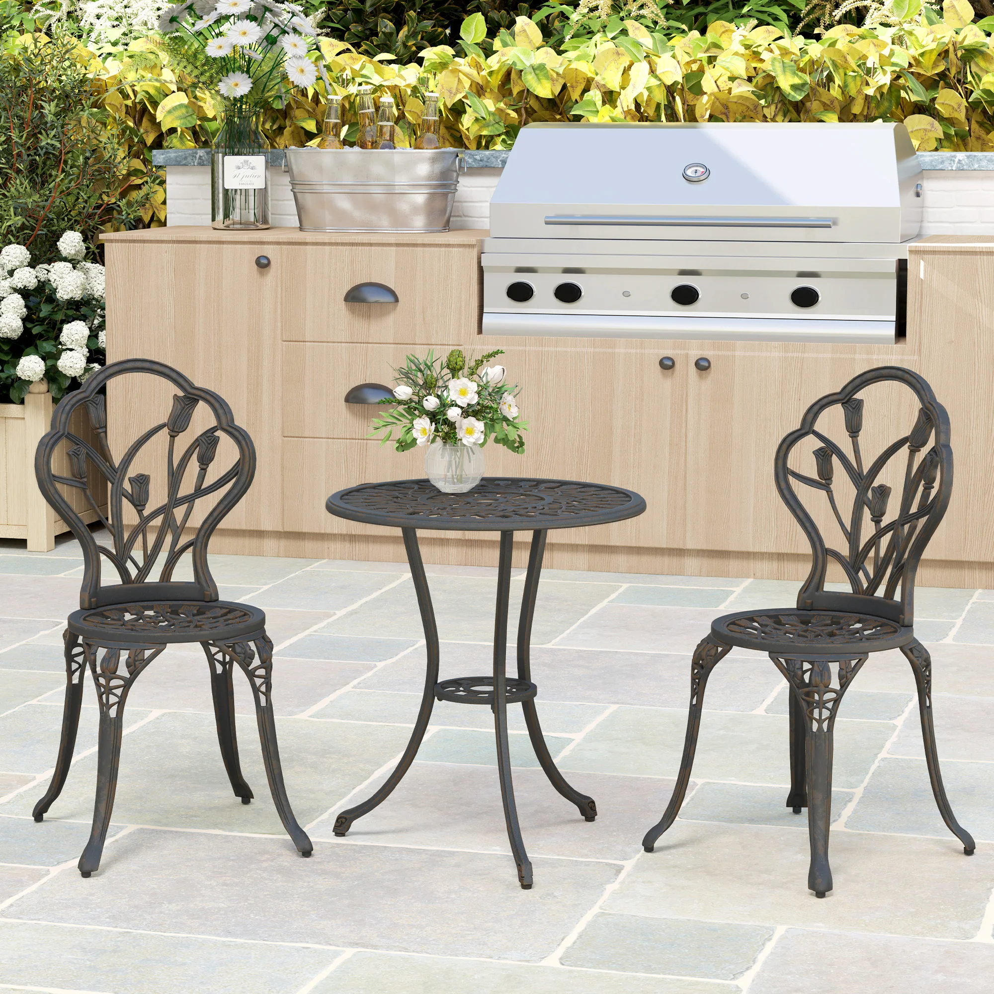 Outsunny 3 Piece Bistro Set, Aluminium Garden Furniture With Umbrella Hole - Image 9