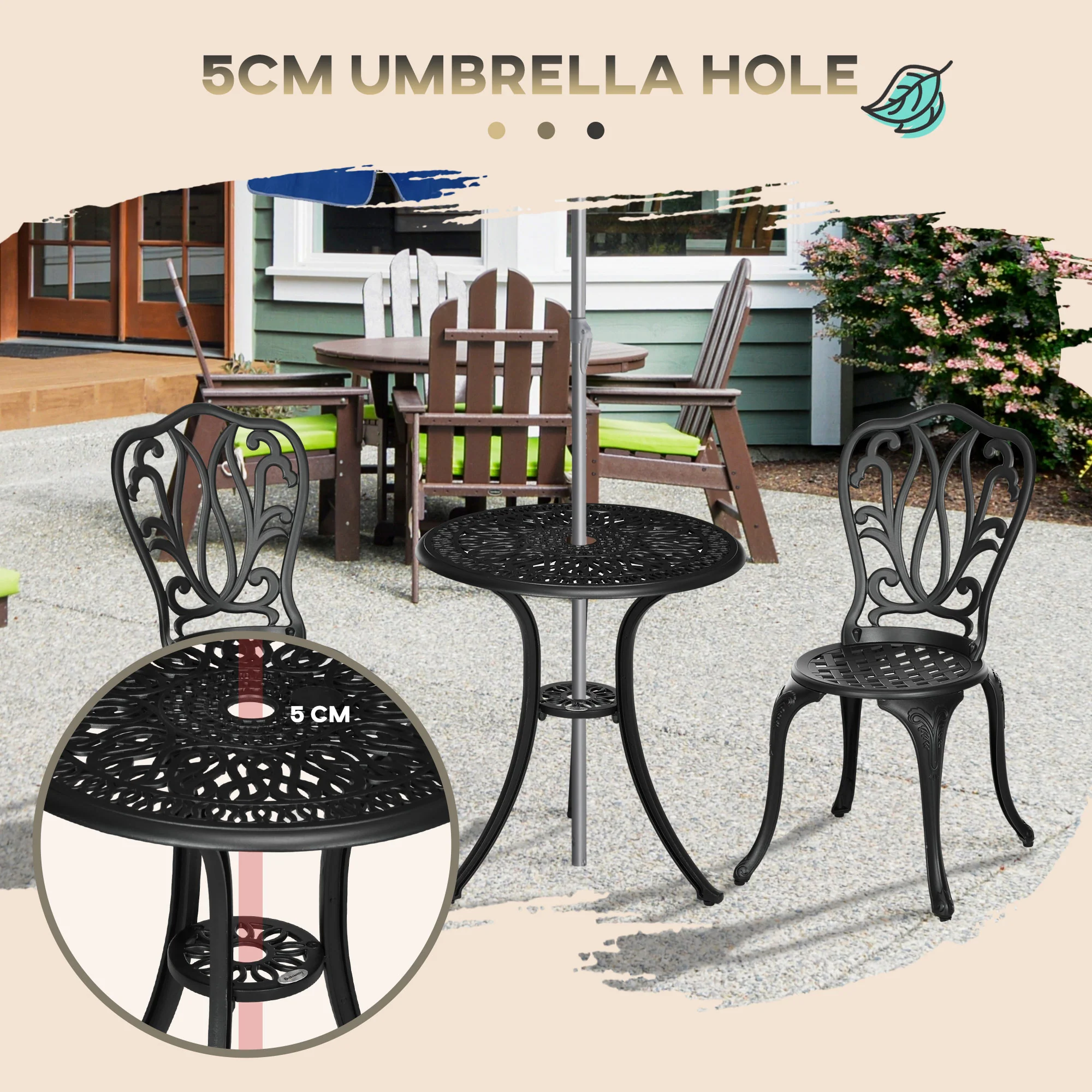 Outsunny 3 Piece Patio Bistro Set Outdoor Table Set With Umbrella Hole White - Image 4