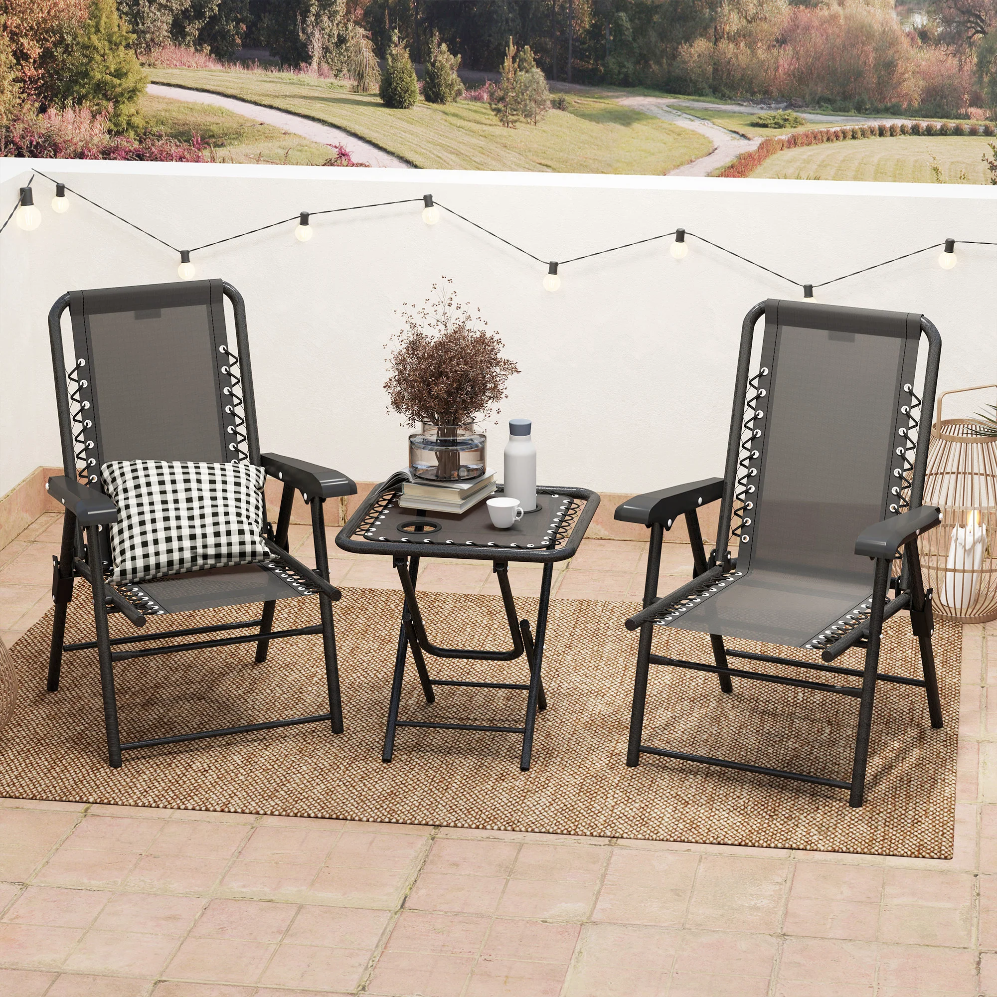 Outsunny 3 Pieces Folding Garden Bistro Set With Cup Holders, Black - Image 9