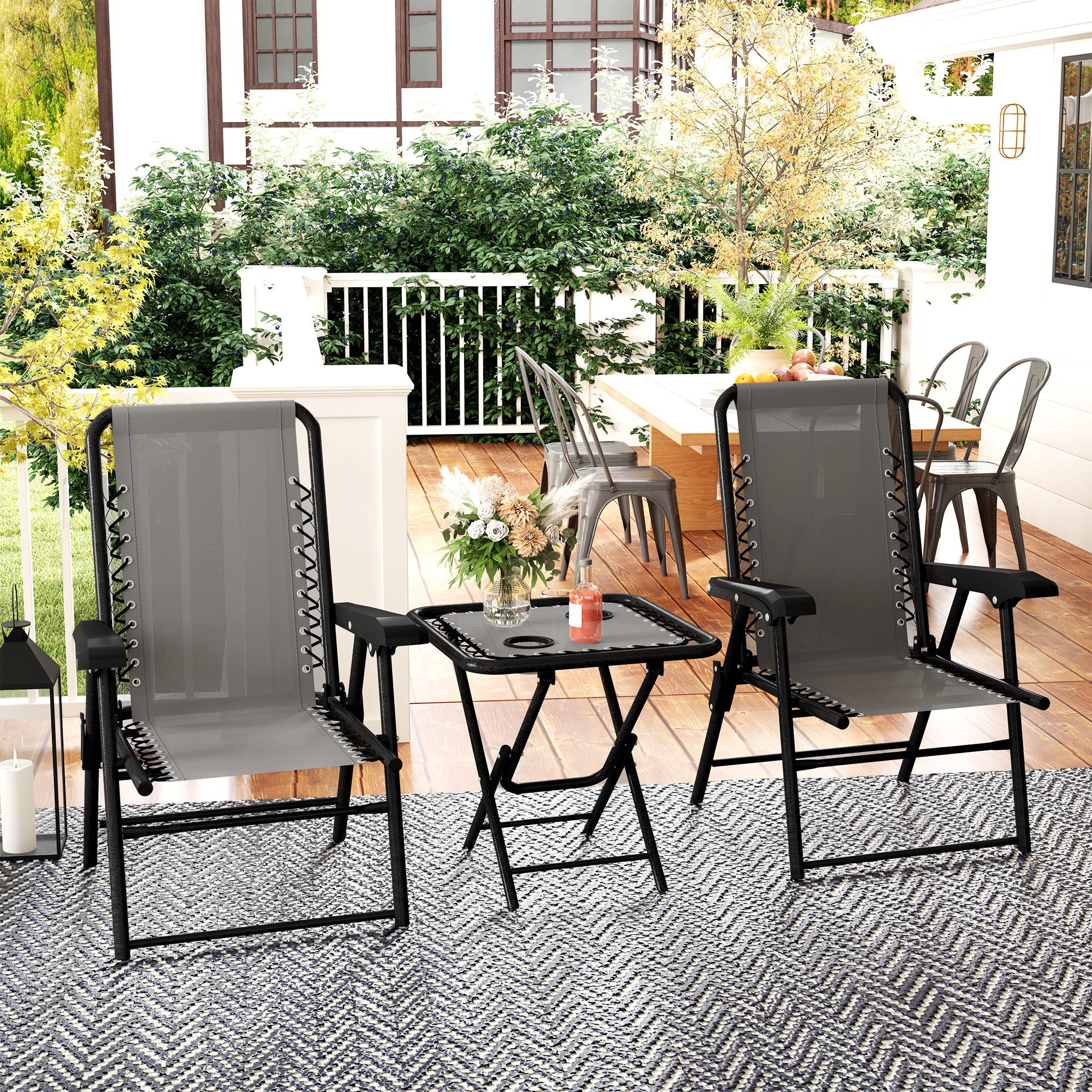 Outsunny 3 Pieces Folding Garden Bistro Set with Cup Holders, Khaki - Image 2