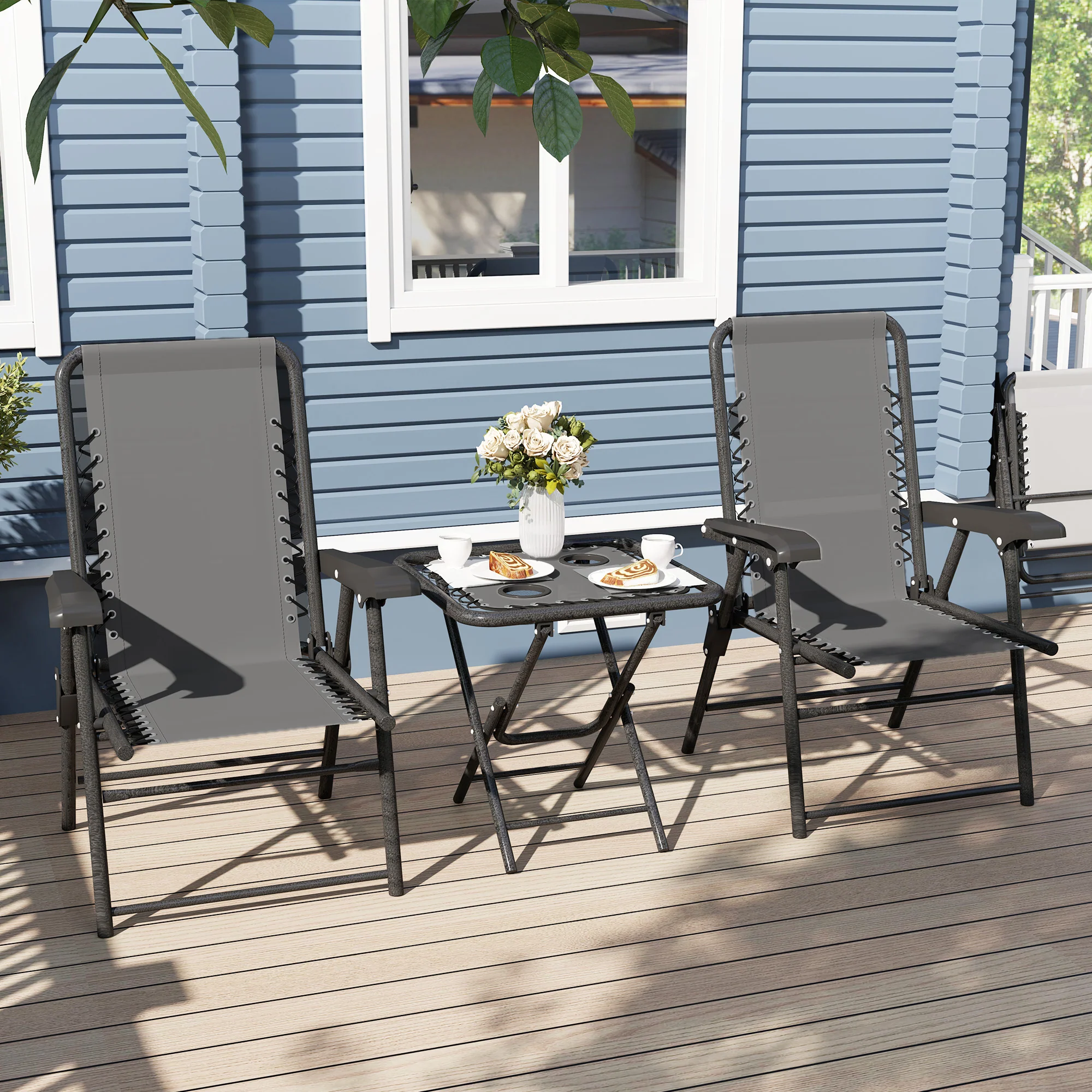 Outsunny 3 Pieces Folding Garden Bistro Set with Cup Holders, Khaki - Image 8