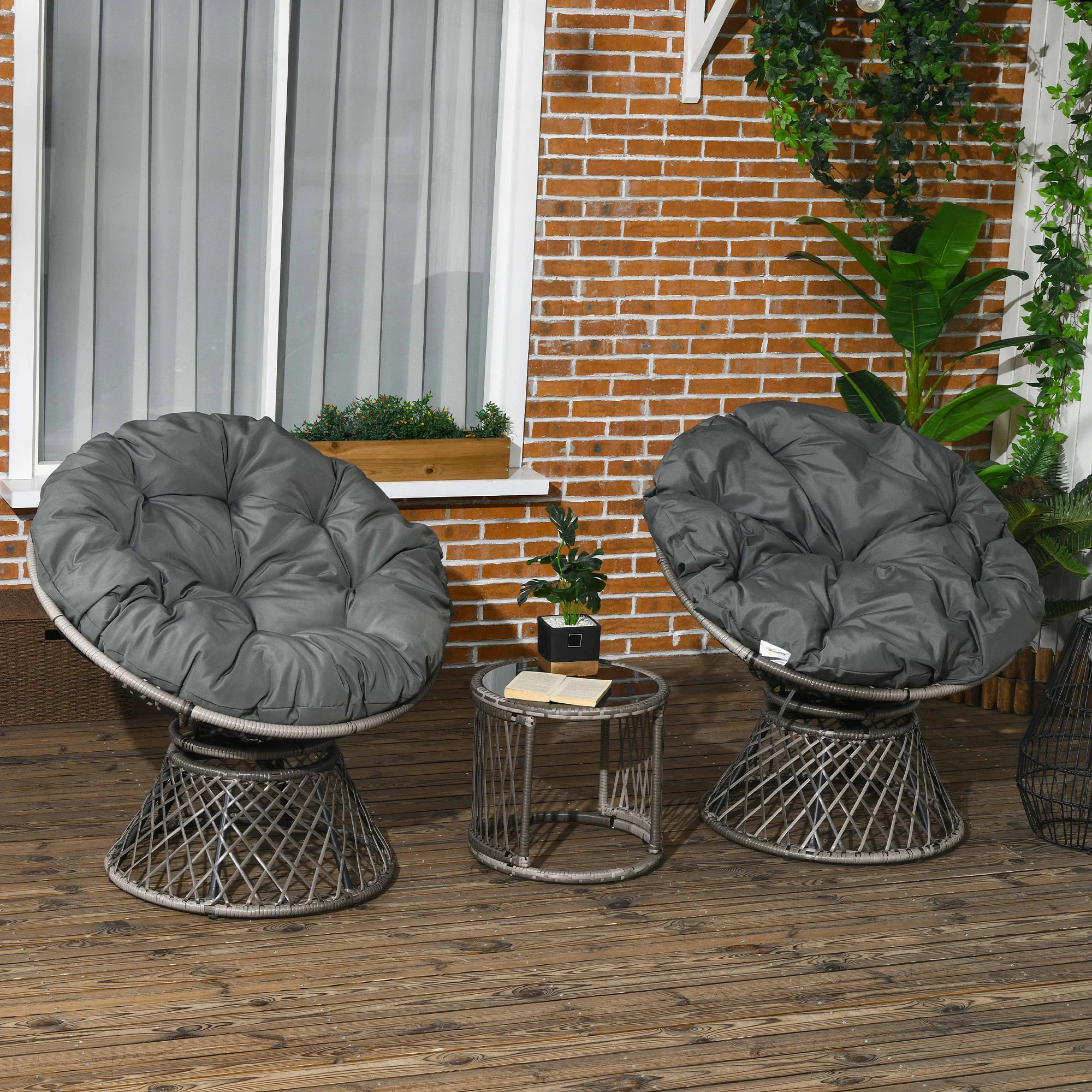 Outsunny 3 Pieces Outdoor Rattan Bistro Set with 360° Swivel Chair and Cushions - Image 2