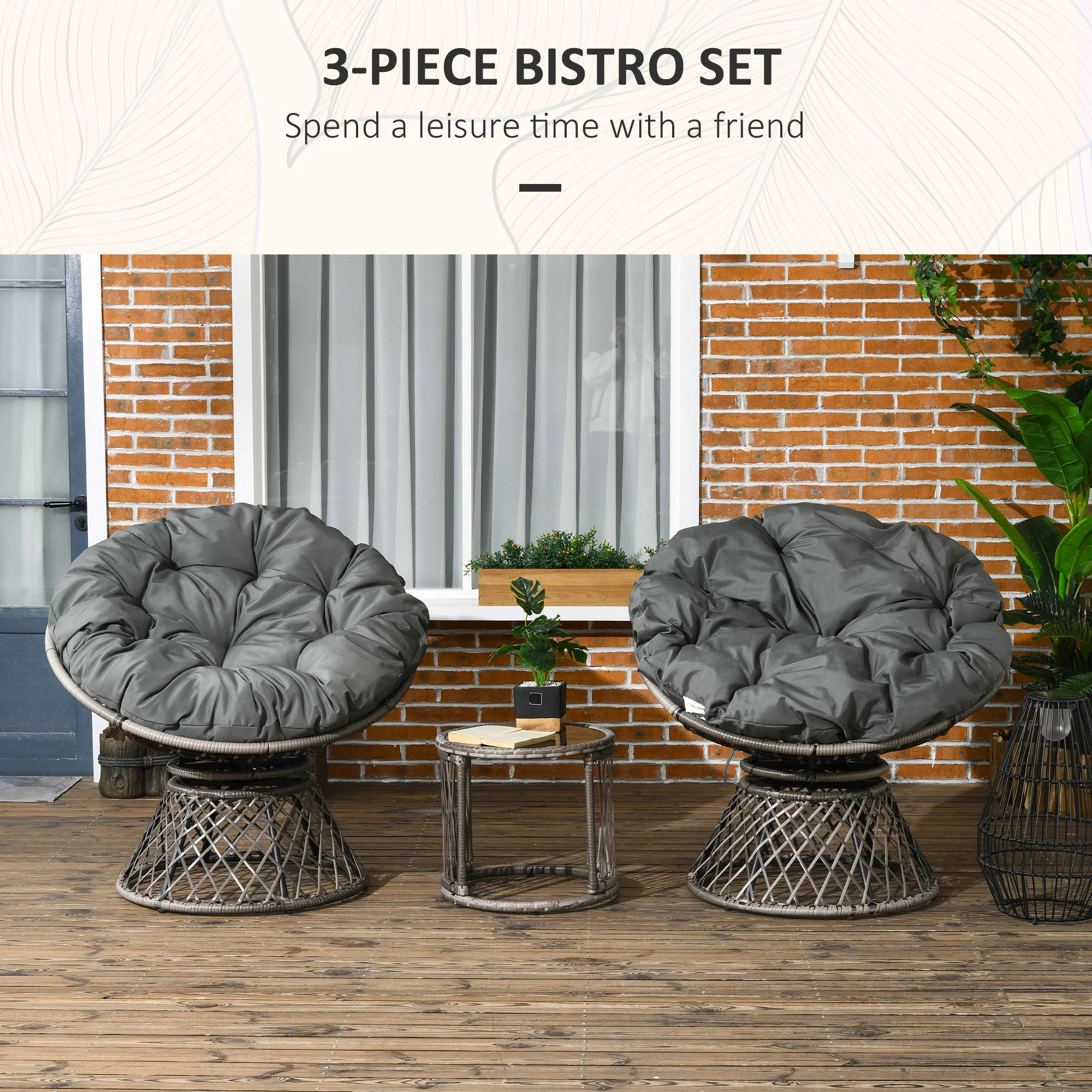 Outsunny 3 Pieces Outdoor Rattan Bistro Set with 360° Swivel Chair and Cushions - Image 3