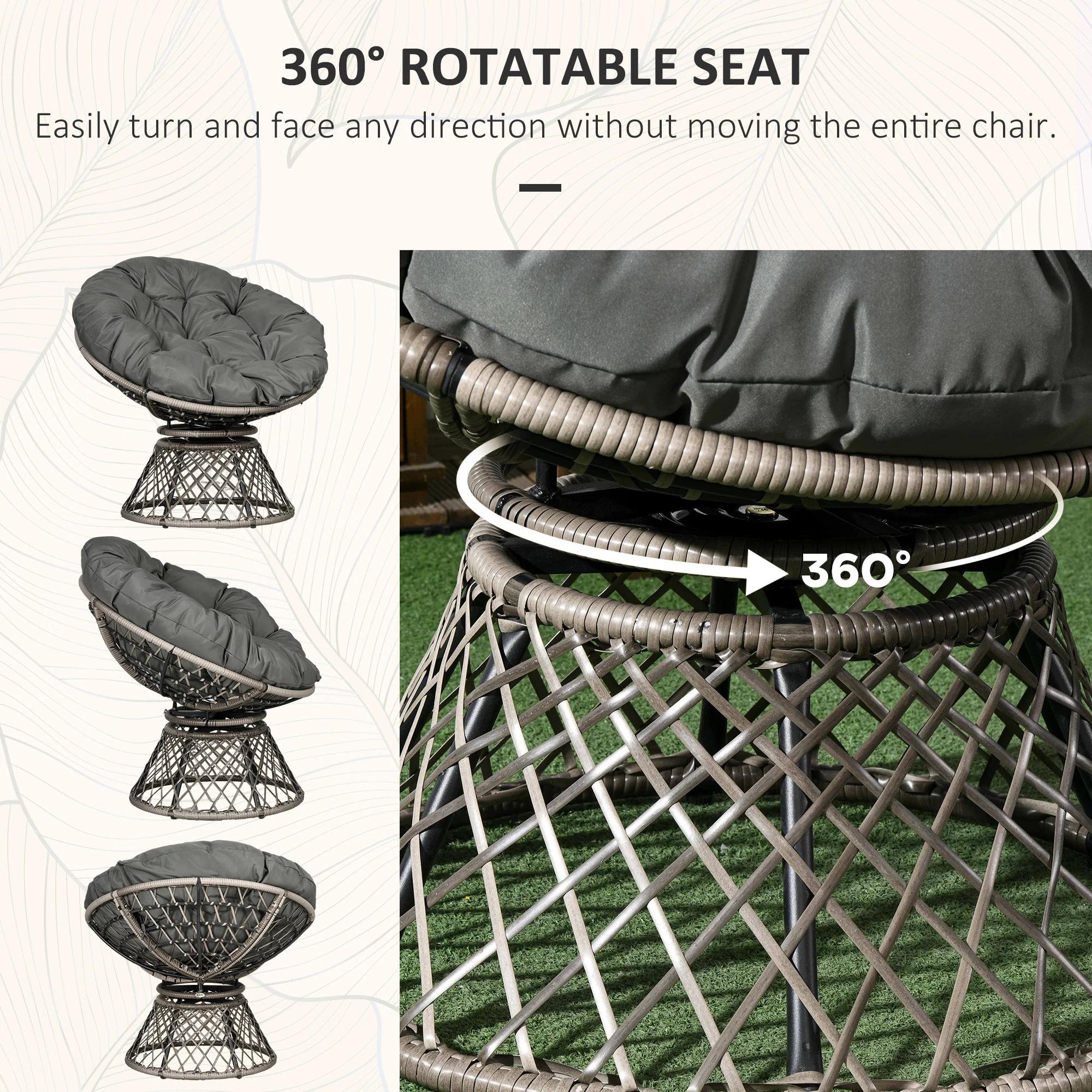 Outsunny 3 Pieces Outdoor Rattan Bistro Set with 360° Swivel Chair and Cushions - Image 4
