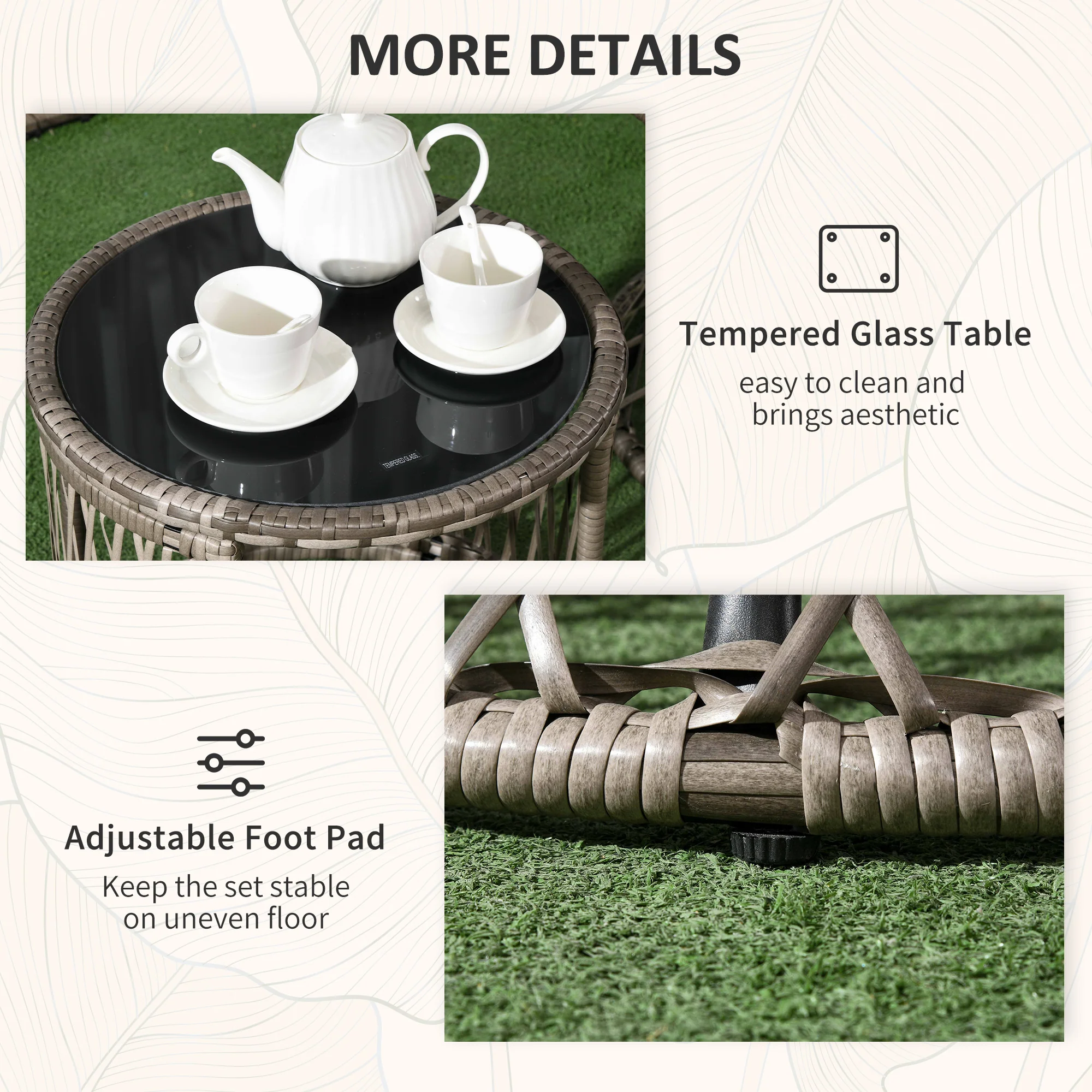 Outsunny 3 Pieces Outdoor Rattan Bistro Set with 360° Swivel Chair and Cushions - Image 8