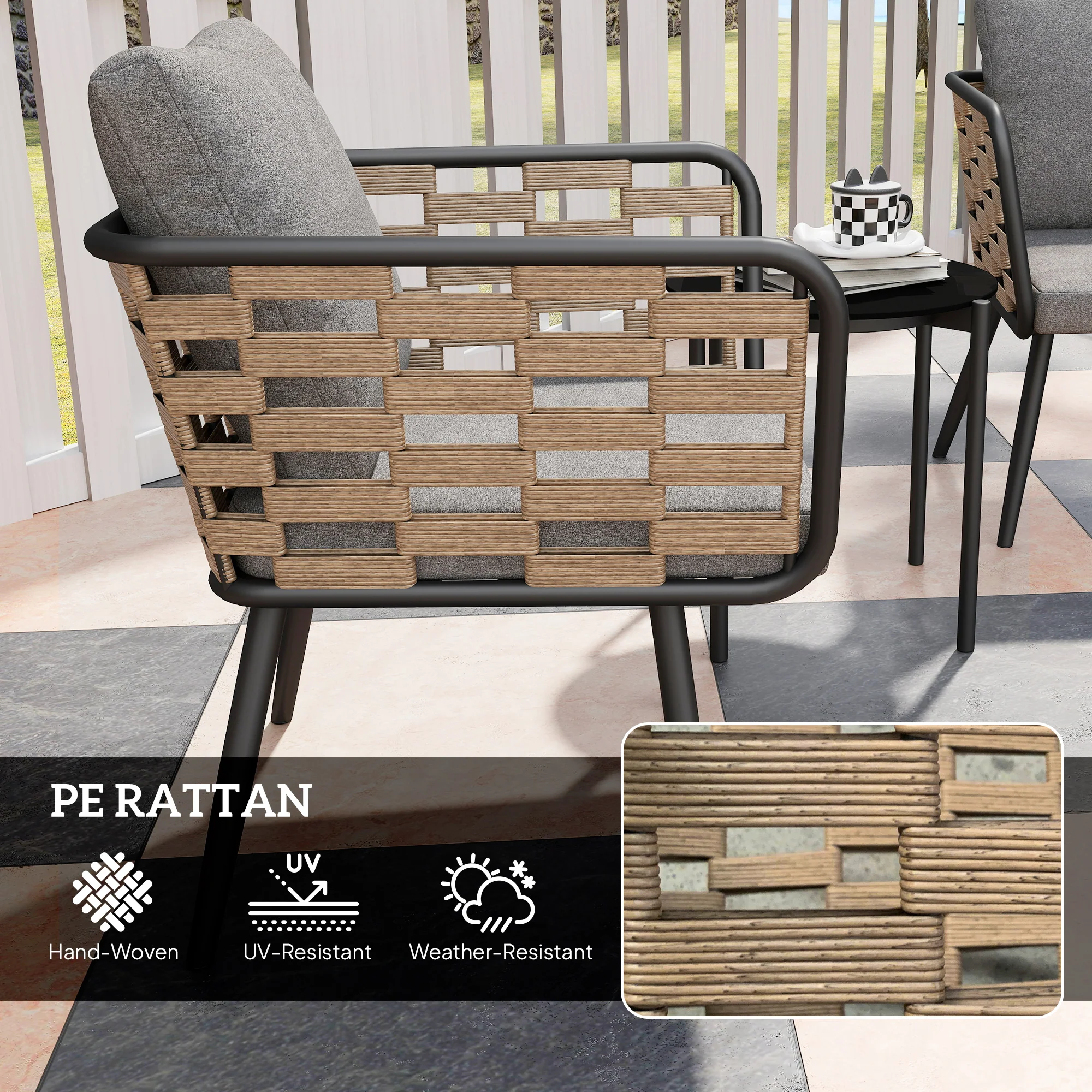 Outsunny 3 Pieces Rattan Bistro Set, Wicker Garden Furniture Set w/ Cushions - Image 7