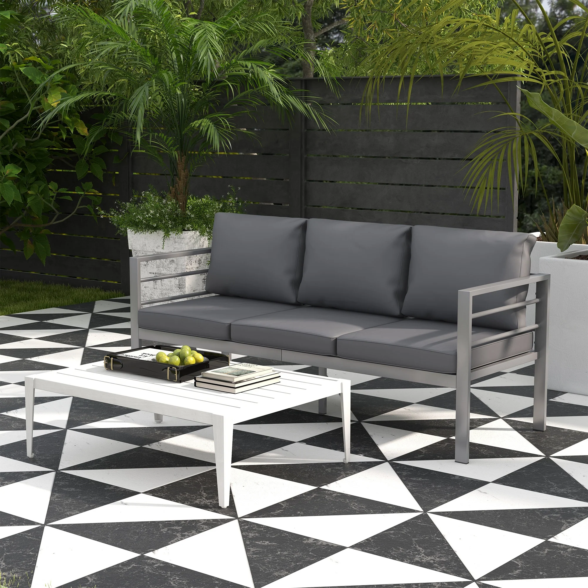 Outsunny 3-Seater Aluminium Garden Bench w/ Cushions, Backrest & Armrest, Grey - Image 2