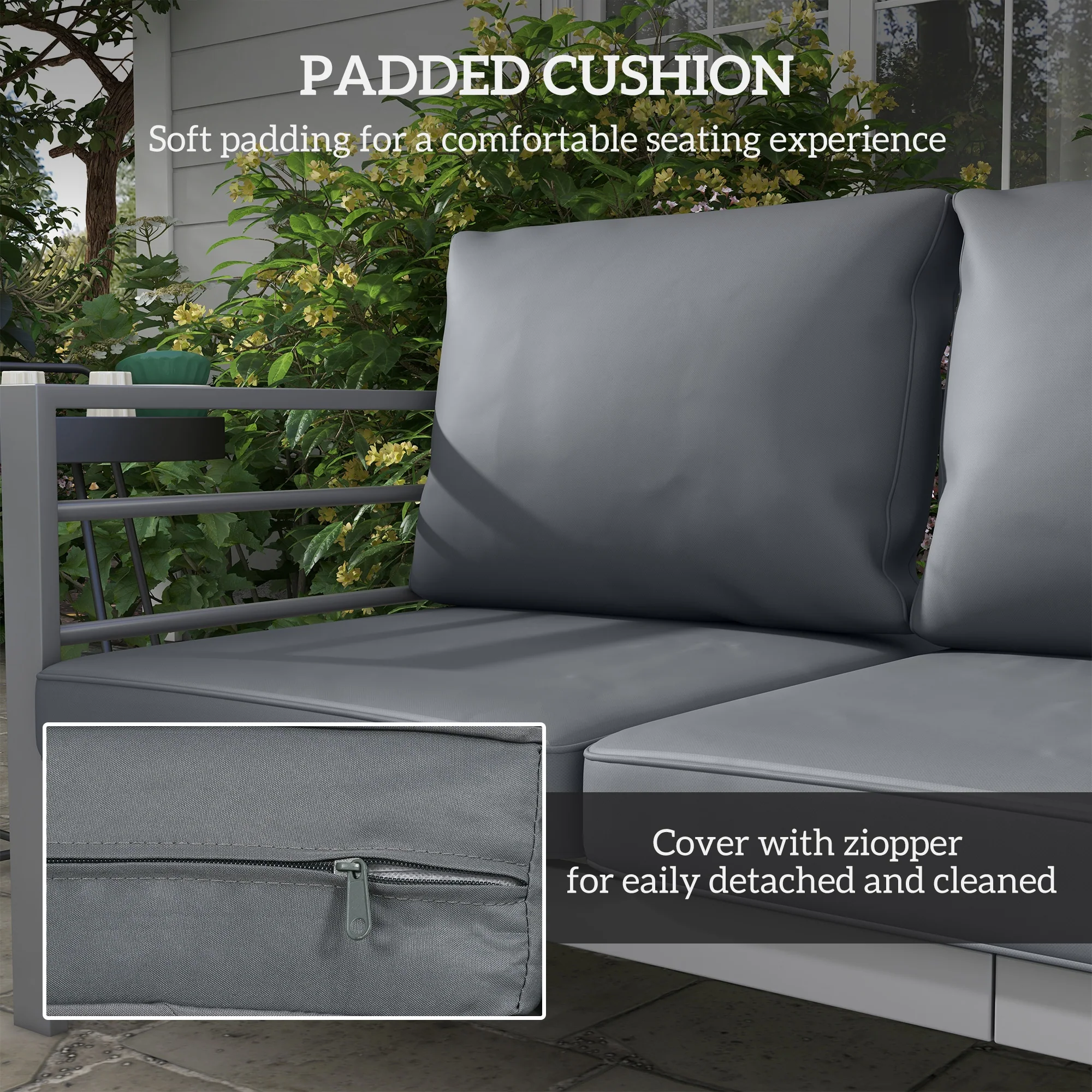 Outsunny 3-Seater Aluminium Garden Bench w/ Cushions, Backrest & Armrest, Grey - Image 4